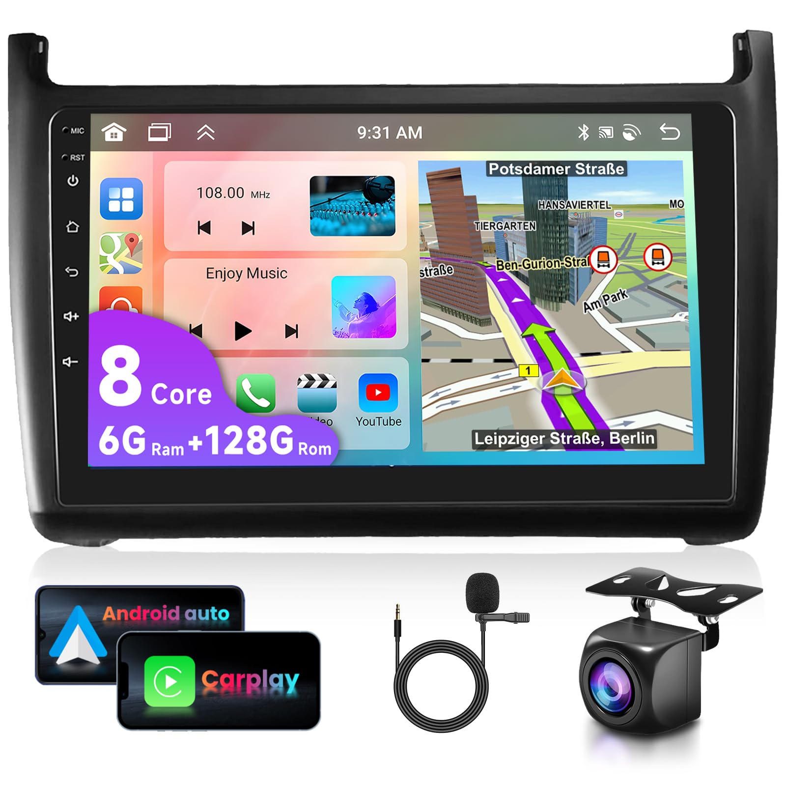 6G&128G 8 núcleos VECHTEL 9" Radio de Coche para VW Polo 2011-2016 con Carplay Android Auto,Android 15,Bluetooth,DSP Radio RDS/FM,GPS Wi-Fi,cámara de visión AHD