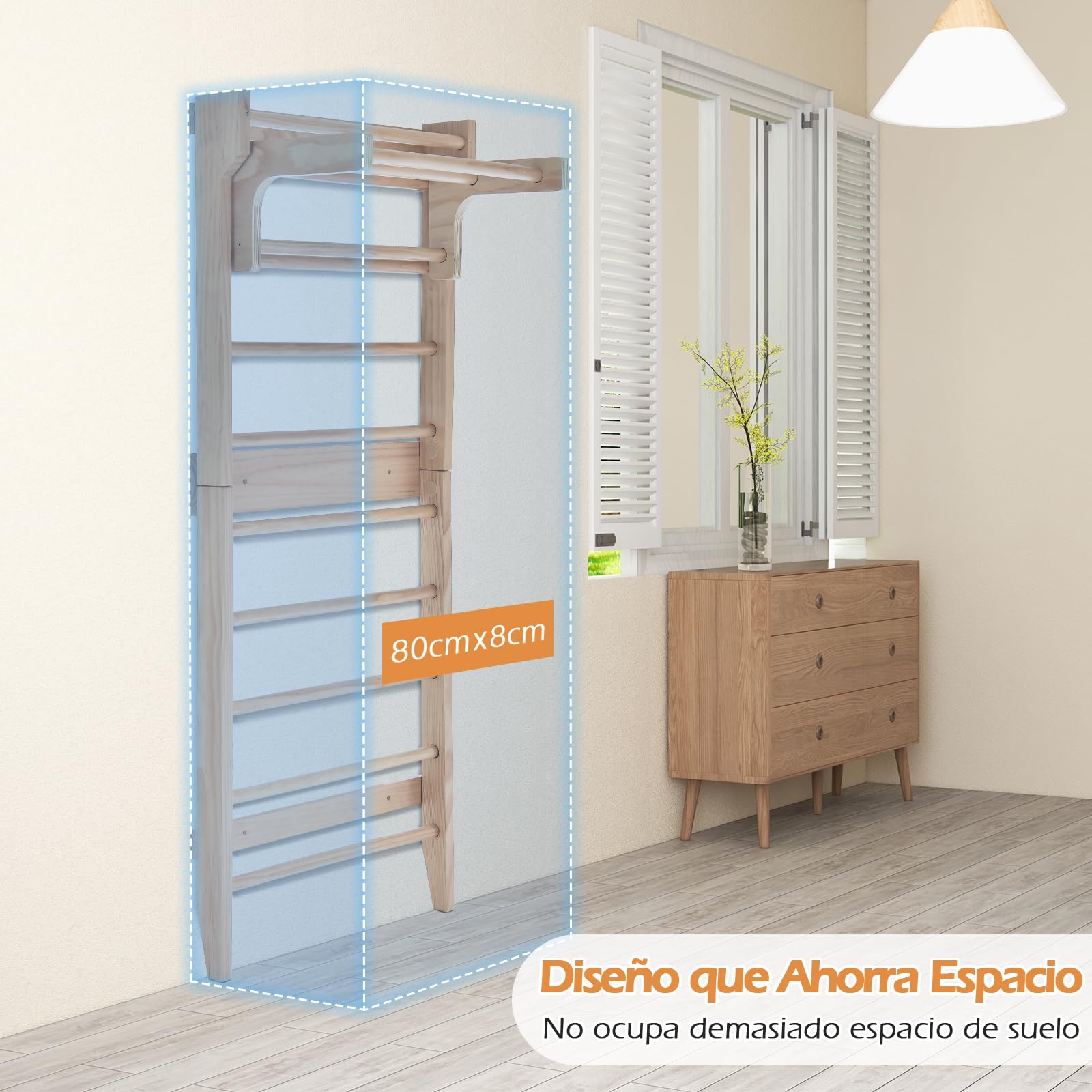 COSTWAY Espaldera Gimnasio con 10 Varillas Fijas, Escalera de Gimnasia, Escalera Sueca Niños Adultos, Madera Sólida, 80 x 48 x 195 cm, Carga 100kg