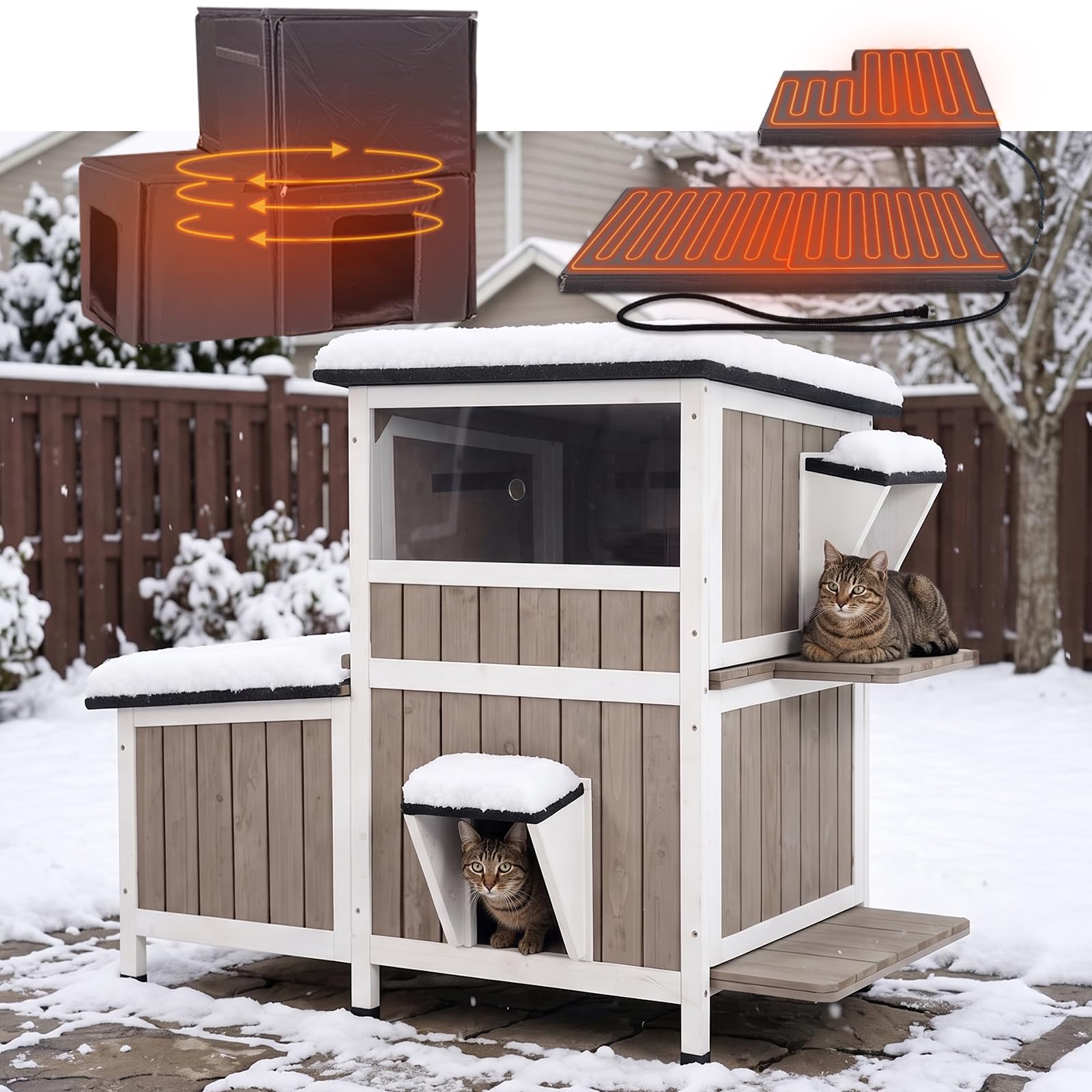 Extra Large Outdoor Heated Cat House Insulated 2-Story Weatherproof,Brown
