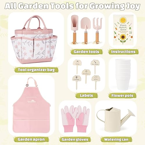 Miniatura 3 de Dreamon Juego de juguetes de jardinería para niños, kit de herramientas de jardín de calidad que incluye bolsa de mano, delantal, guantes, pala,