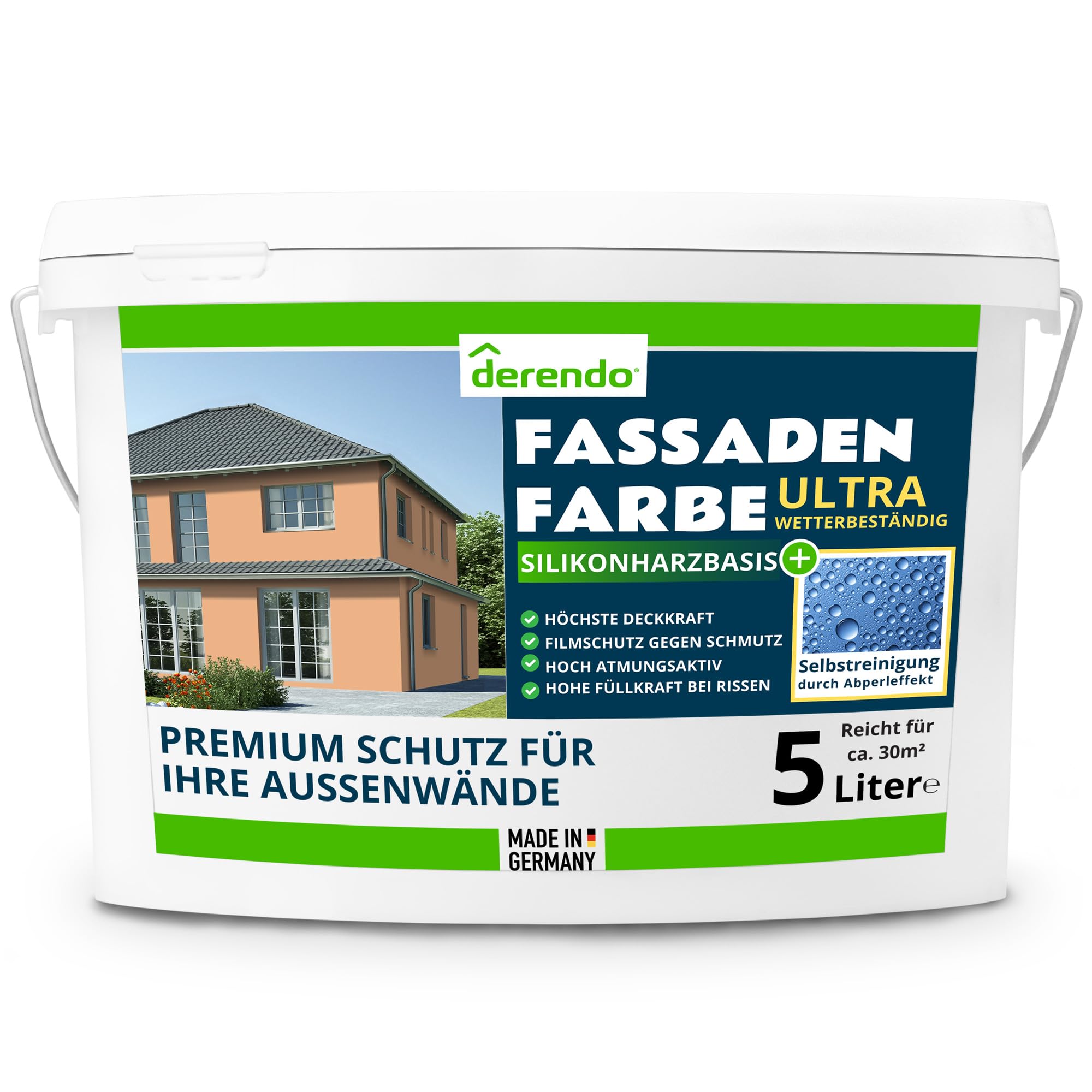 derendo Silikonharz Fassadenfarbe Terracotta ULTRA Wetterschutz Aprikose 5 l aussen Fassade Silikonharzfarbe mit Abperleffekt Lotus Blatt Fassadenschutz Schmutzabweisende Silikonharzbeschichtung