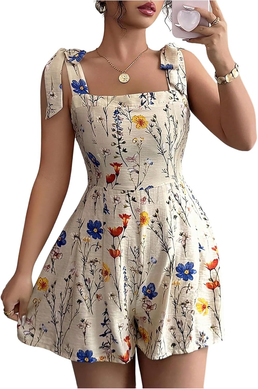 Milumia Women's Boho Floral Tie Knot Sleeveless Rompers Wide Leg Short Jumpsuit