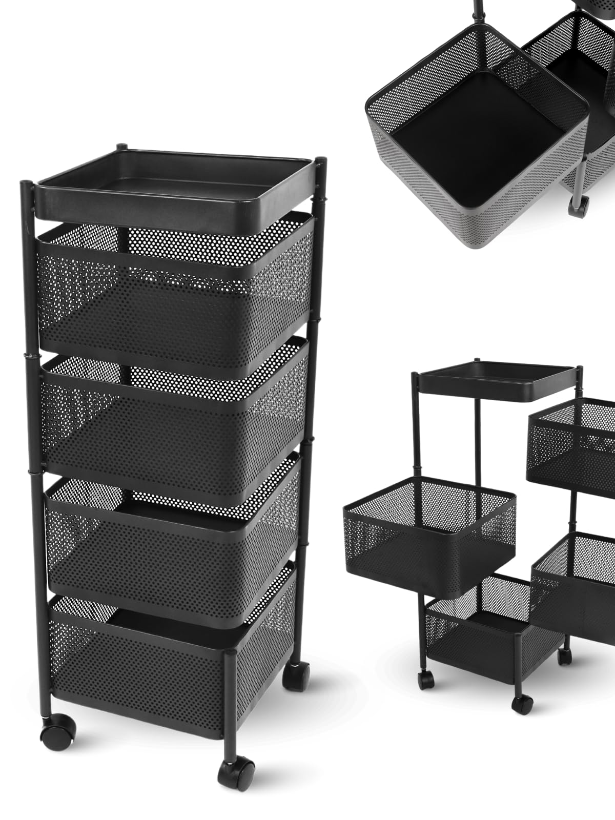 holz4home deluxe4home® Rollwagen Eckig mit 4 Ebenen I Gitterwagen Küchenwagen Schwarz I Aufbewahrungswagen Obstwagen Mehrzweckwagen für Küche Keller