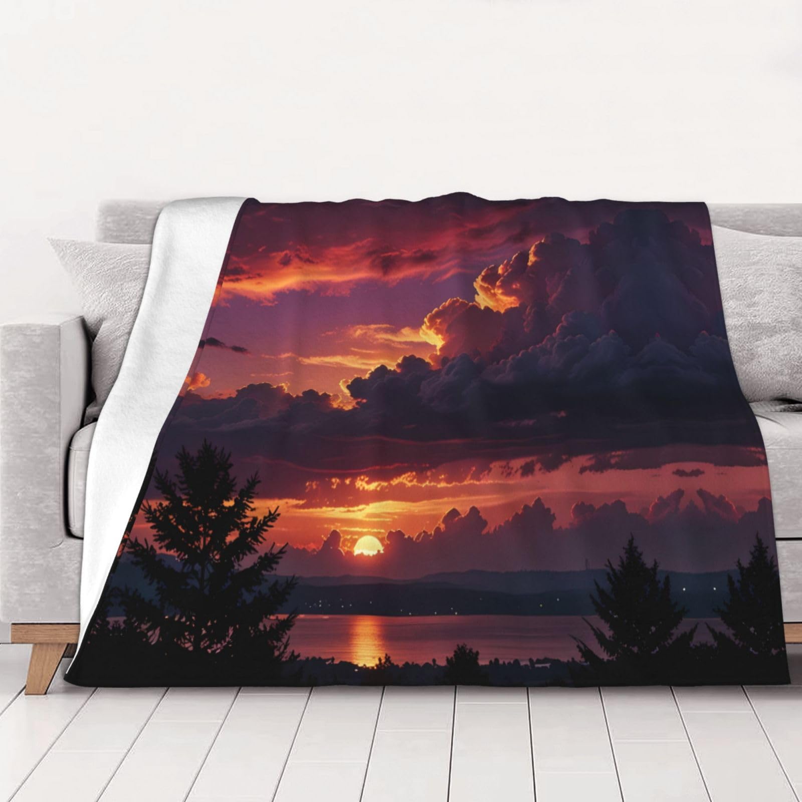 Manta de franela estampada Purple Sky Sunset de 80 x 60 pulgadas, 30-80 pulgadas. Una manta cálida para uso doméstico en otoño y una manta de viaje portátil.