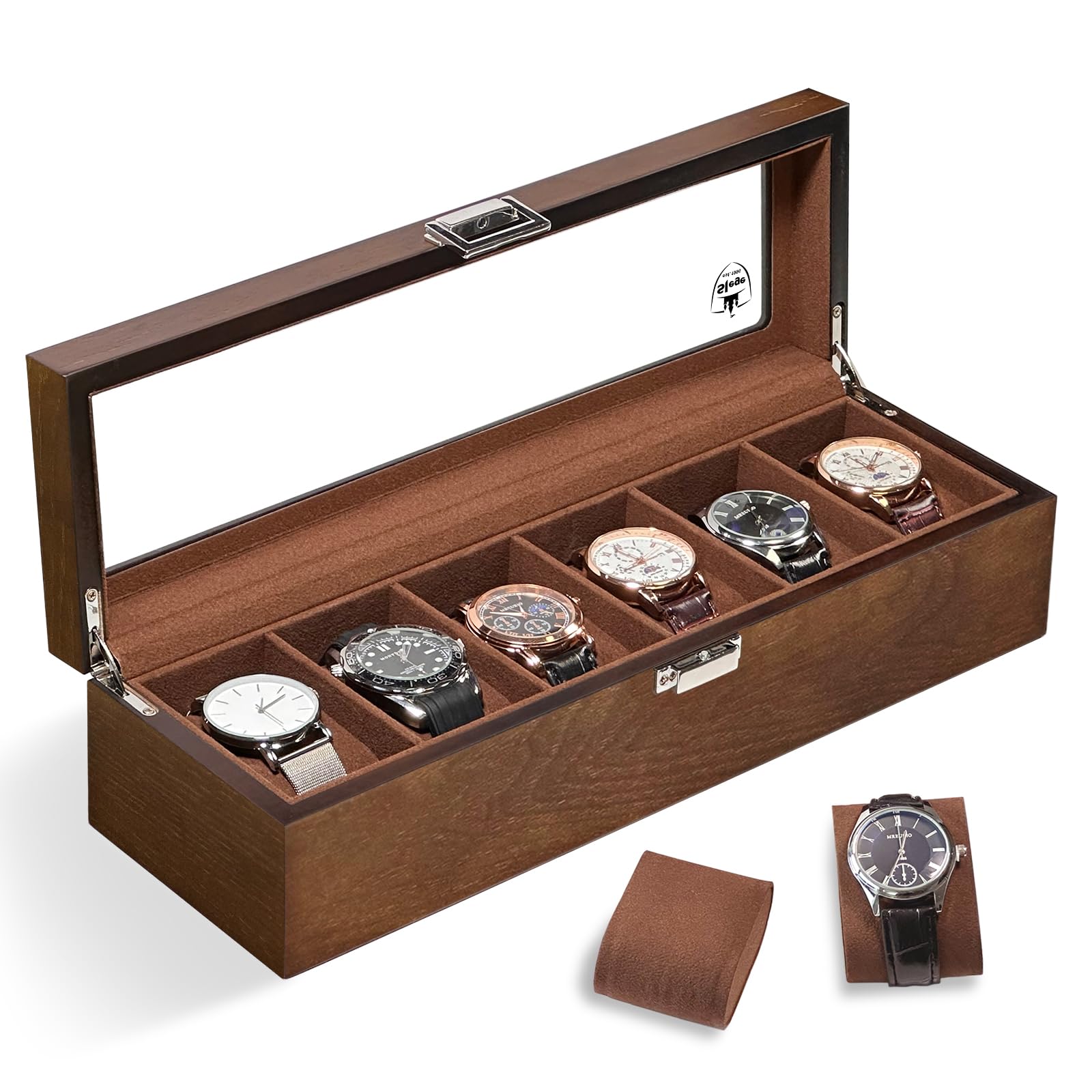Slege Uhrenbox aus Holz mit 6 Fächern,Uhrenetui für Herren,komplett mit Samt Ausgekleidet,Uhrenhalter Glasplatte & Uhrenkissen,Uhrengehäuse-Organizer als Geschenk für Herren und Damen(Braun) Watch Box
