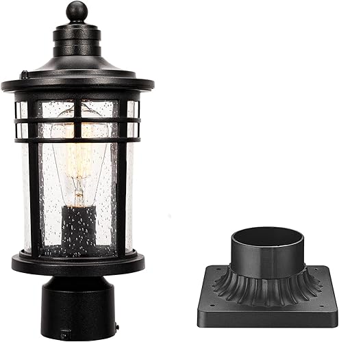 Darkaway Luces de poste para exteriores + adaptador de luz de poste, luces de poste de valla de aluminio fundido con vidrio sembrado para jardín,