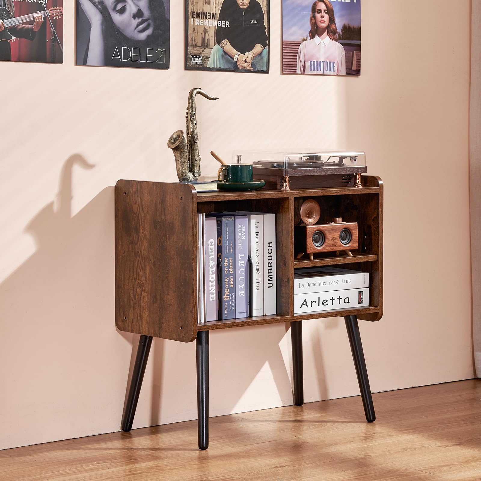 VEVOR Stojak gramofonowy, pomieści do 100 albumów, szafka winylowa w stylu vintage, ze zdejmowanymi półkami, stół gramofonowy z regulowaną wysokością, do salonu, sypialni, brązowy