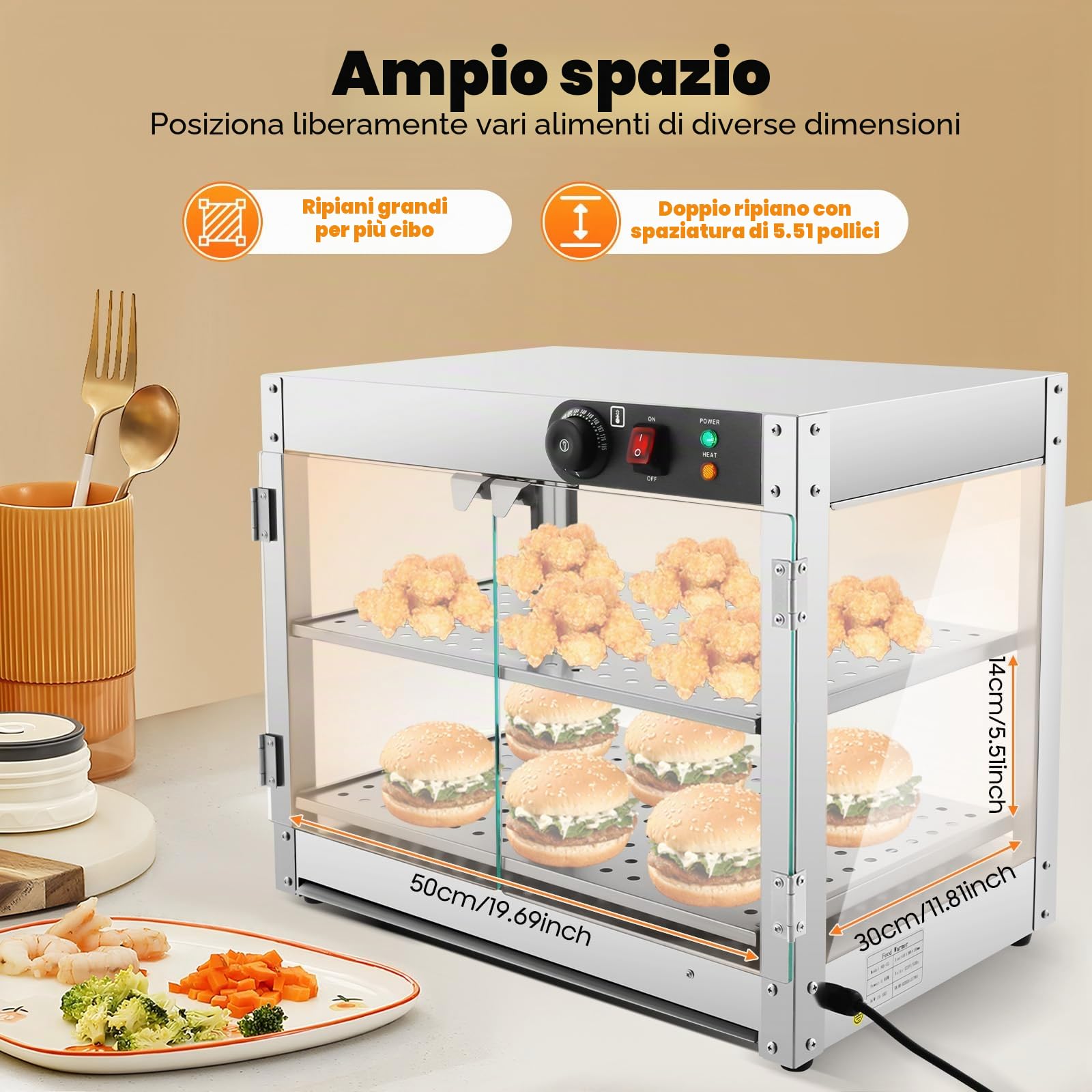 Vetrina per alimenti commerciali, con 2 cornici in acciaio inox, termostato regolabile per mense, panetterie, 800 W