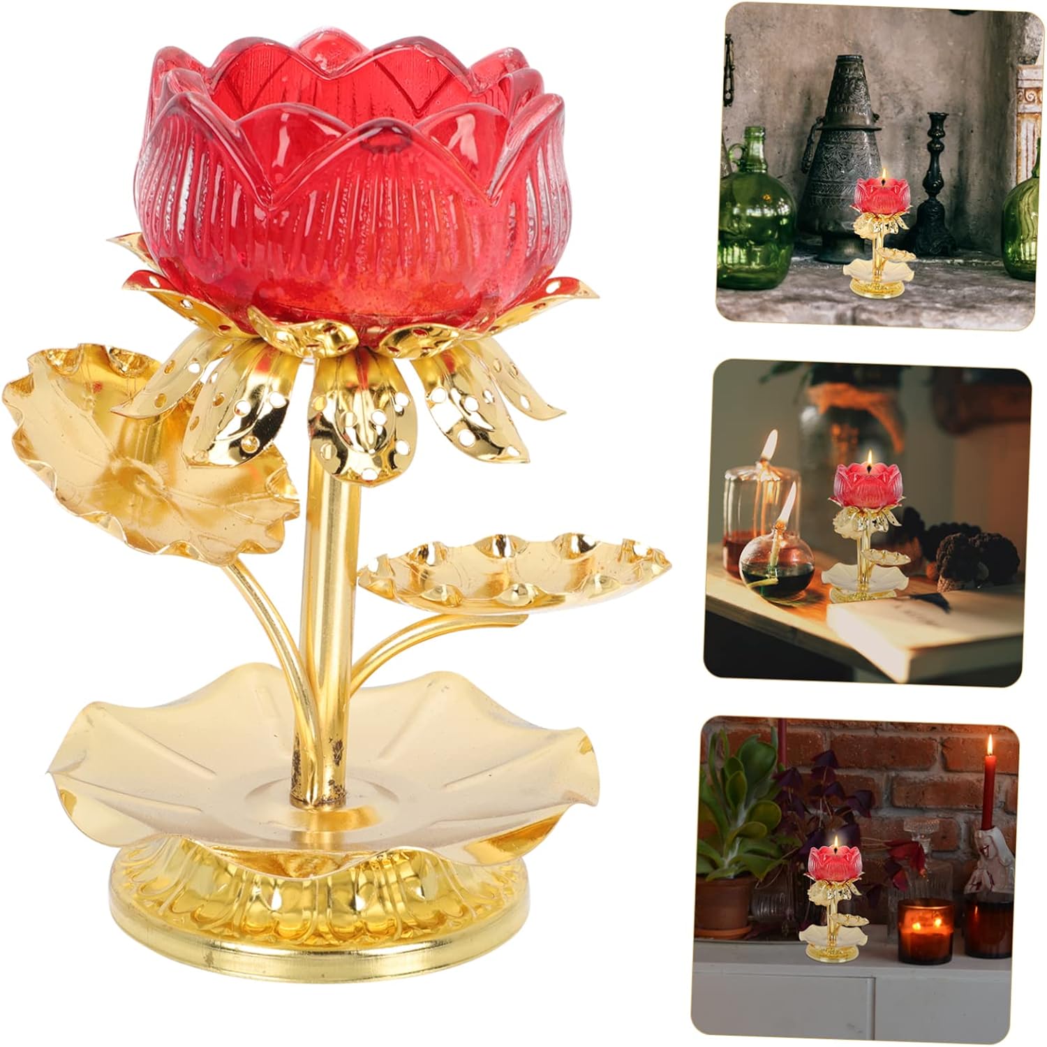 OSALADI Votive Candle Holders Terrarium 2pcs Lotus Candlestick Table Trays Decorative Glass Candle Cup Delicate Candle Stand Zinc Alloy Red Water Cup Household Vintage Decor