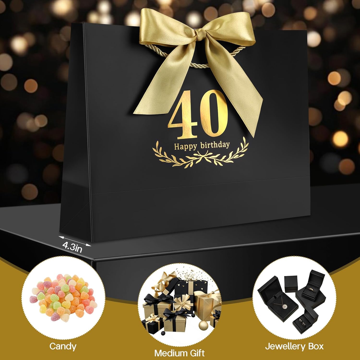 JMANNI Black Gold 40th Birthday Gift Bag with Card and Tissue Paper, 12.6"×9.84"×3.9" Elegant Present Bag for Adults, 40 Year Old Birthday Keepsake Party Supplies - Image 4