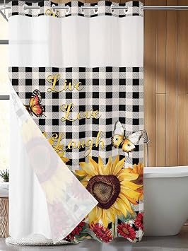 No Hook Shower Curtain, Sunflower Black Check Small Shower Curtains with Snap in Liner, Farmhouse Flowers Butterfly Waterproof Washable Fabric Bathroom Curtain Sets, 36" x 78"