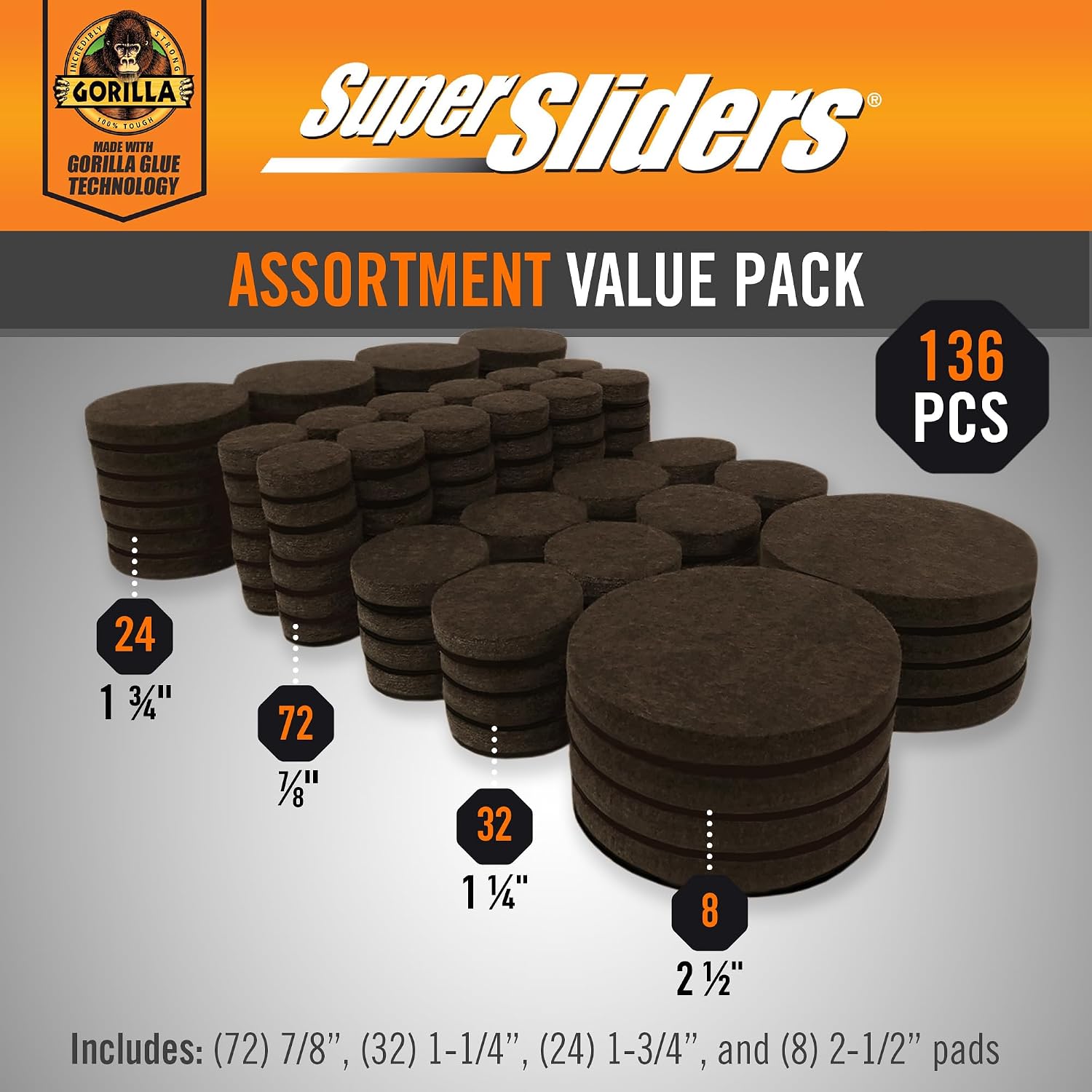 Super Sliders Gorilla Glue Assorted Felt Furniture Sliders for Hard Surfaces, Noise-Reducing Adhesive Furniture Moving Pads with Gorilla Glue Technology (136, Brown)