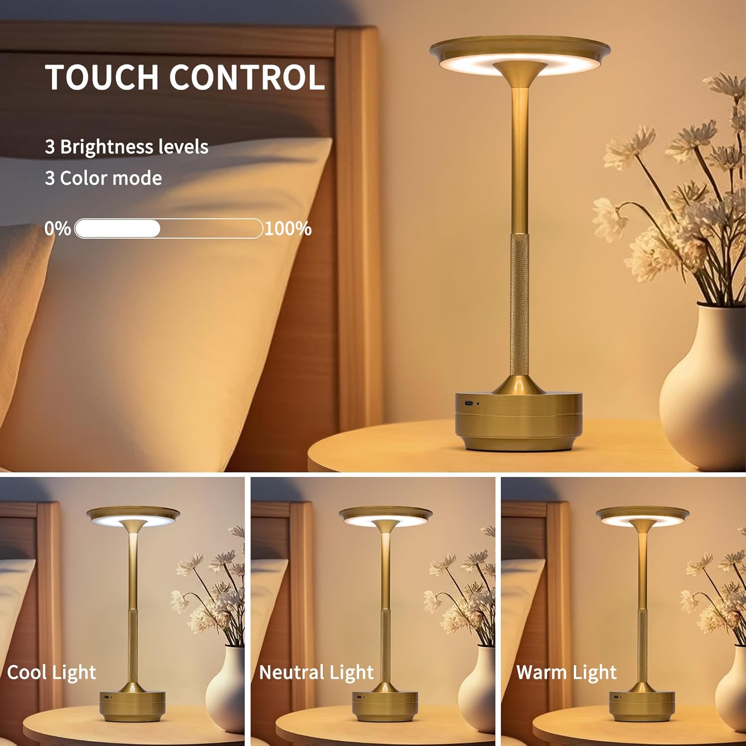 Gold Brushed LED Desk Lamp with Touch Control, 3 Color Modes, Dimmable, Built-in 5200mAh Battery, Eye-Friendly Flicker-Free Lighting, USB Type-C, Non-Slip Base