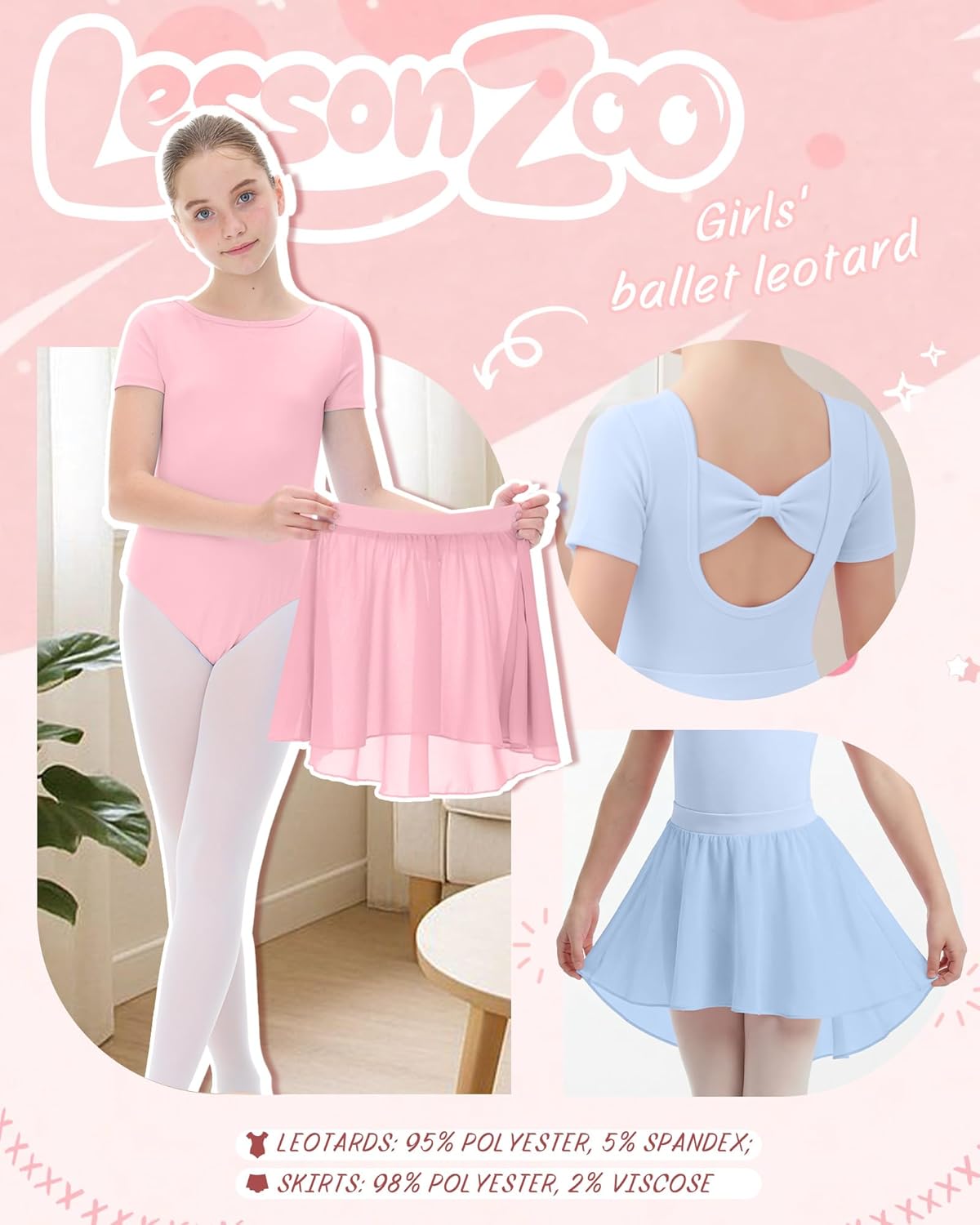 3 Pack Ballet Leotards for Girls Short Sleeve Dance Dress with Removable Skirt Toddler Ballet Outfit with Bow Back