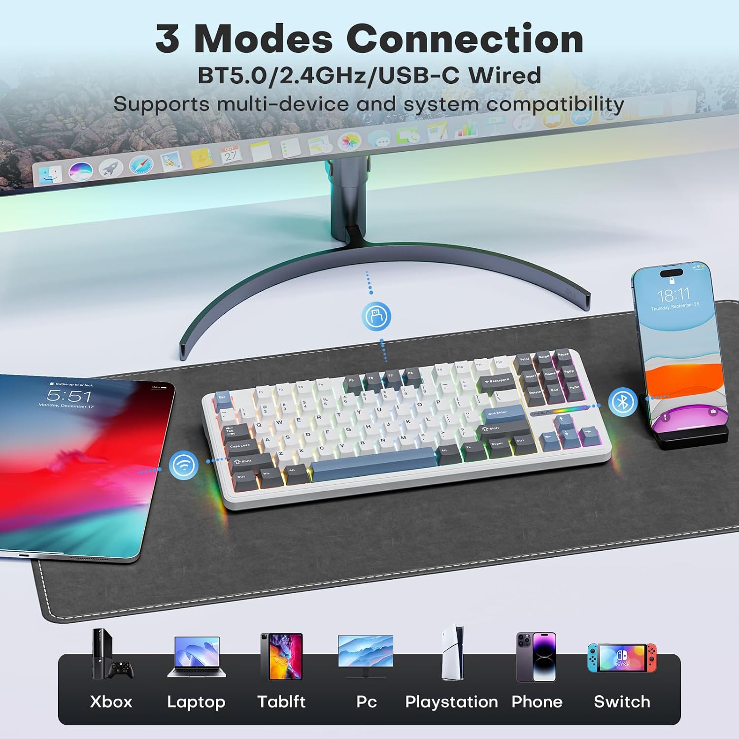 AULA Teclado sem fio, teclado mecânico F87, personalizado, 2,4 GHz/Tipo-C/Bluetooth Gaming, estrutura da junta interruptores lineares de madeira cinza RGB retroiluminados para WINS/PC/Mac