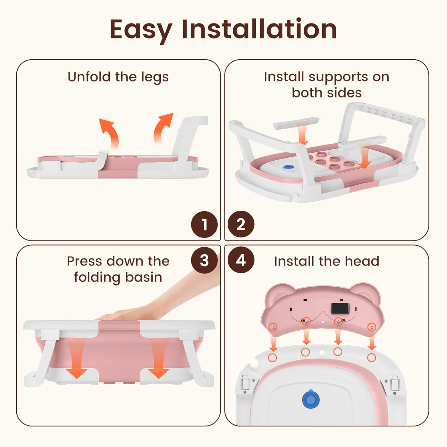 Baby Bathtub,Foldable Baby Bath Tub for Newborn to Toddler (0-18 Months) – Collapsible Infant Tub for Travel with Thermometer, Soft Cushion,Pink
