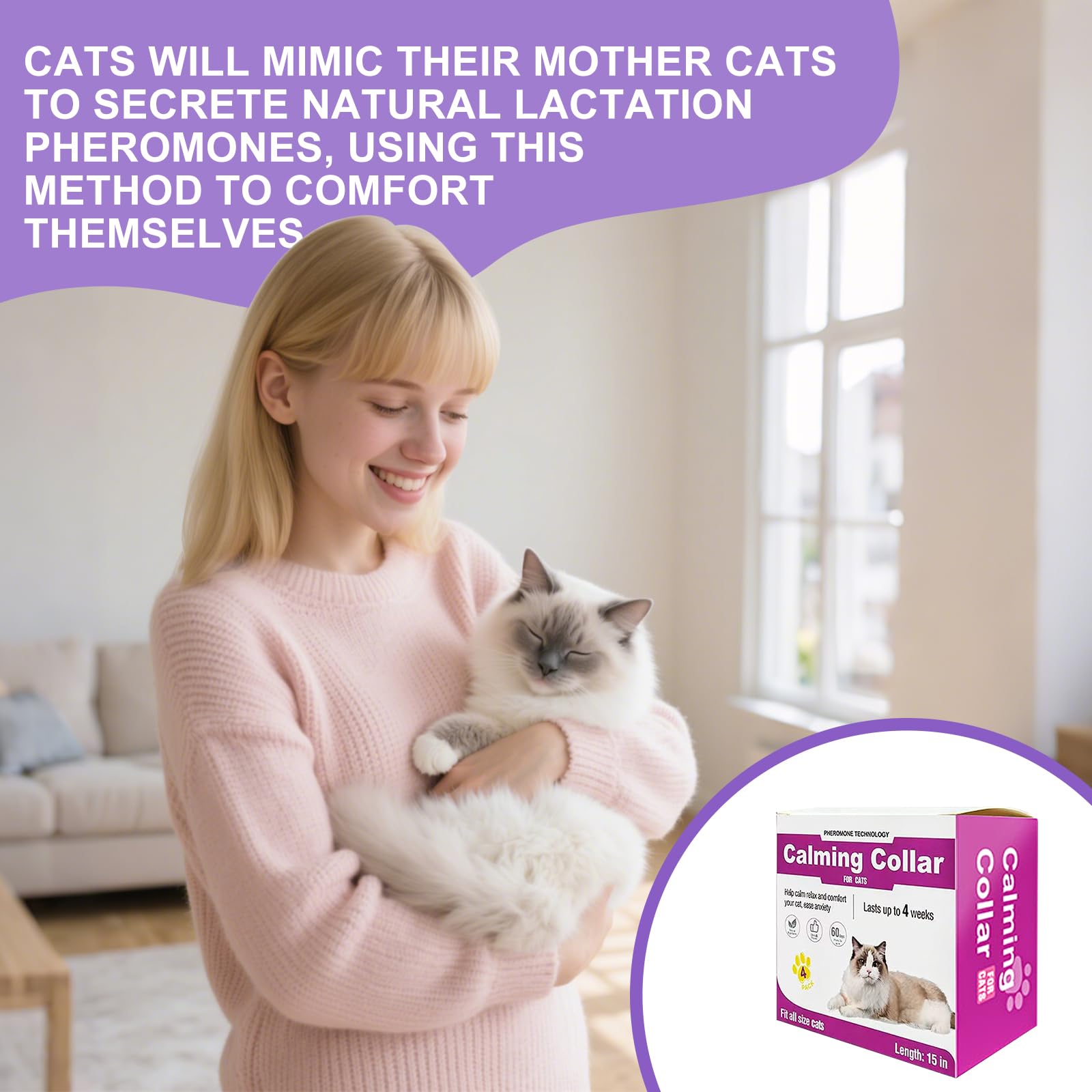 Cat Calming Collar, 15-Inch Adjustable, 60-Day Stress Relief, Purple, 4-Pack - image 7
