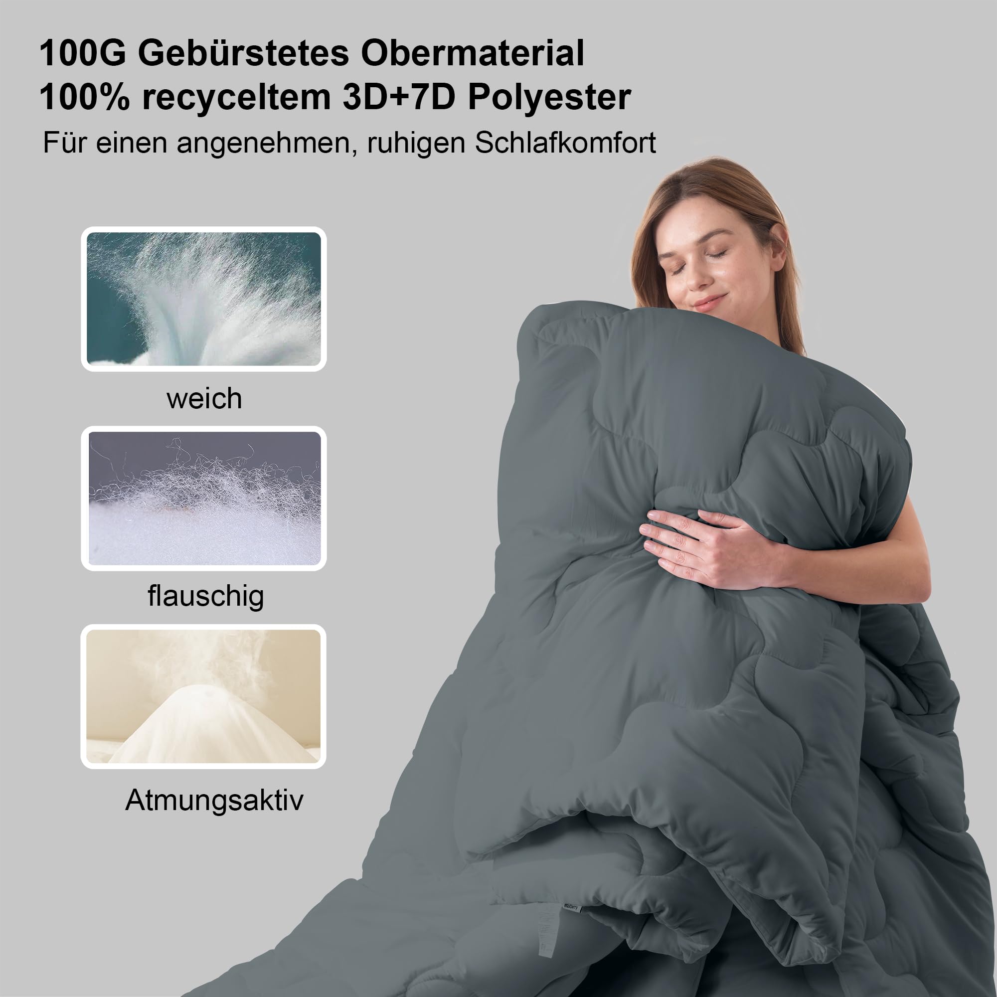 Waxberry 4 Jahreszeiten Bettdecke 135x200, 2 Teilig Set - Winterdecke 450gsm - Ganzjahresdecke 300gsm + Sommerdecke 150gsm, Weiche Steppdecke Waschbar Anti-Allergisch, Dunkelgrau - 3