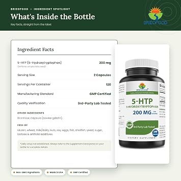 Brieofood 5-HTP 200mg per Serving - 240 Capsules - 5-Hydroxytryptophan for Healthy Relaxation - 3rd Party Lab Tested