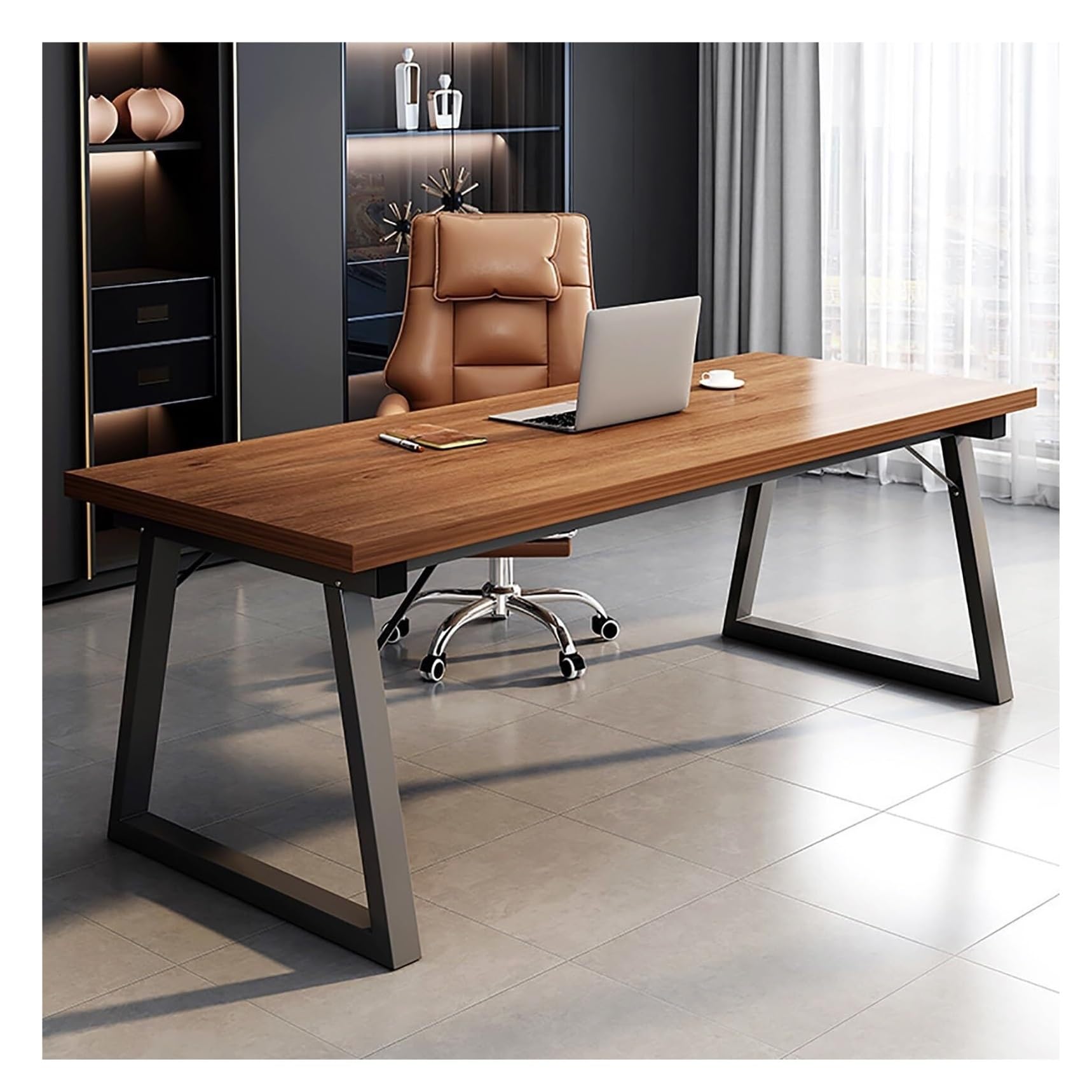 Wdsopk Walnut+Black Writing Study Desk Density Board Computer Desk Metal Legs Home Office Desk,Industrial Executive Desk Workstation Modern Writing Desk Table Laptop Table Office（-120X60x75cm）