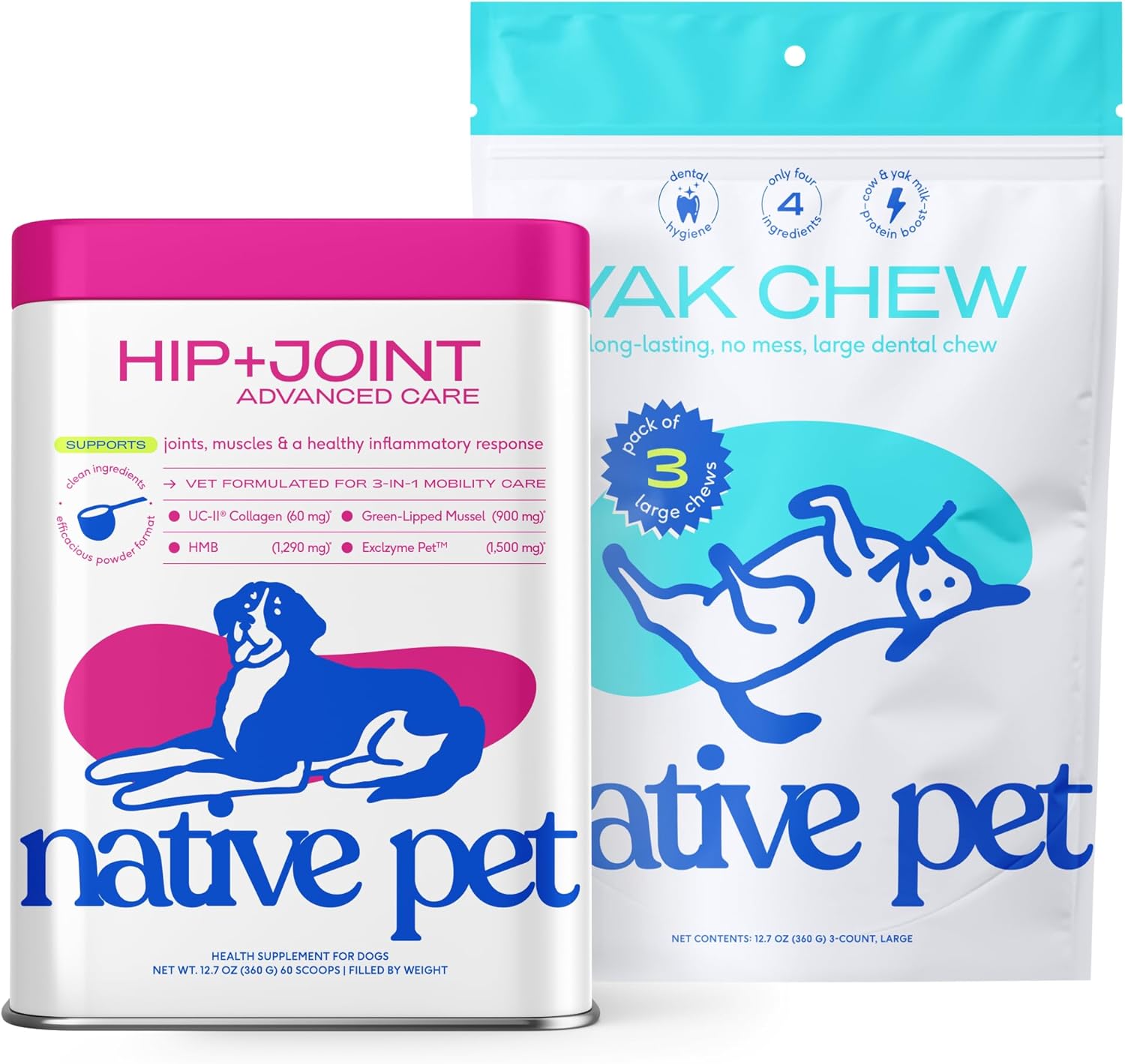 Native Pet Joint Strength & Dental Wellness Pack: Hip & Joint Supplement for Dogs - Supports Joints, Cartilage, Muscles & Anti-Inflammatory & 3 Large Yak Cheese Himalayan Dog Chews Dental Sticks