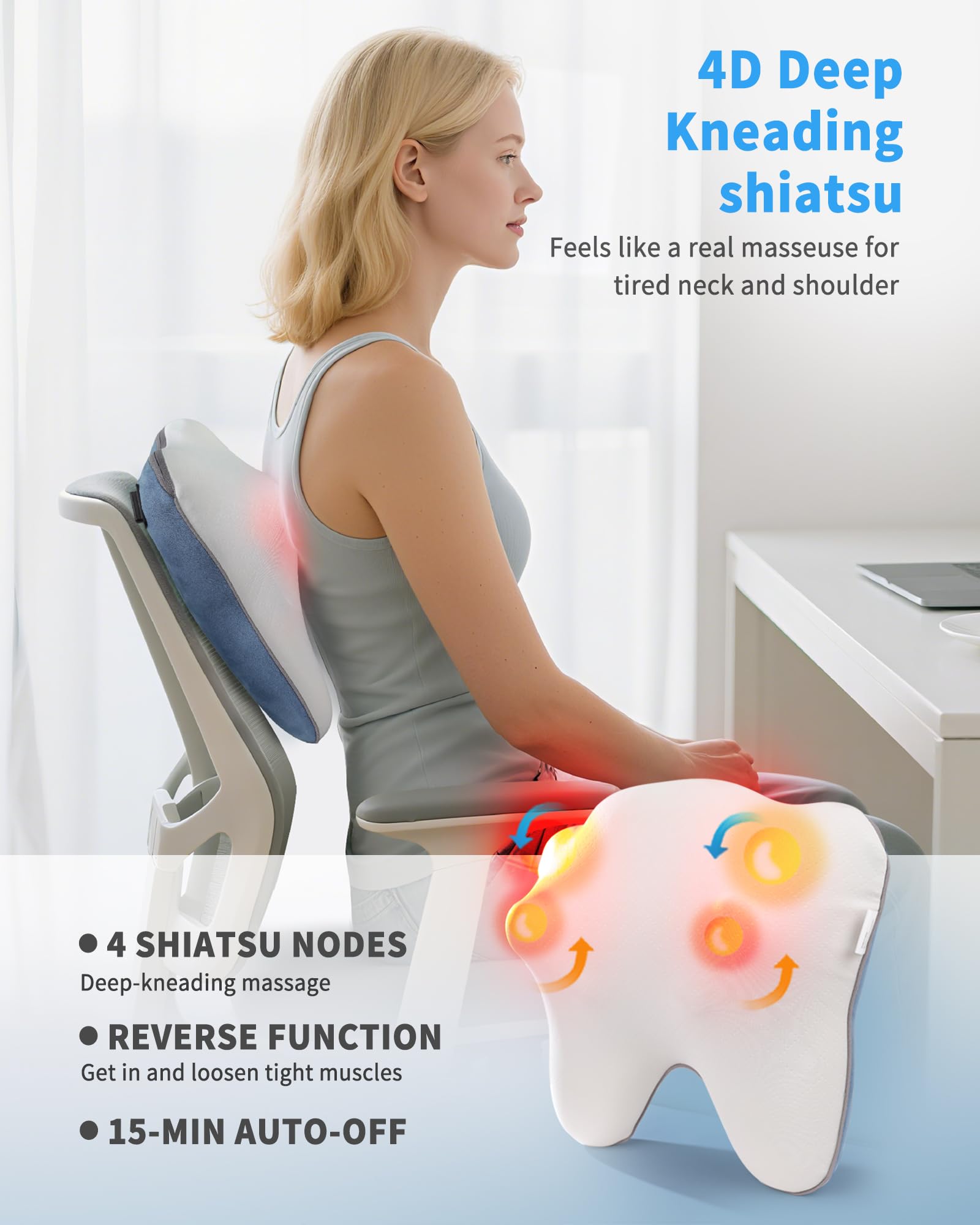 OWAYS Shiatsu Nacken- und Rückenmassagegerät mit Wärme, schnurloses Rückenmassagegerät zur Schmerzlinderung Tiefengewebe, 4D Kneten Nackenmassagekissen für Rücken, Schulter, Beine