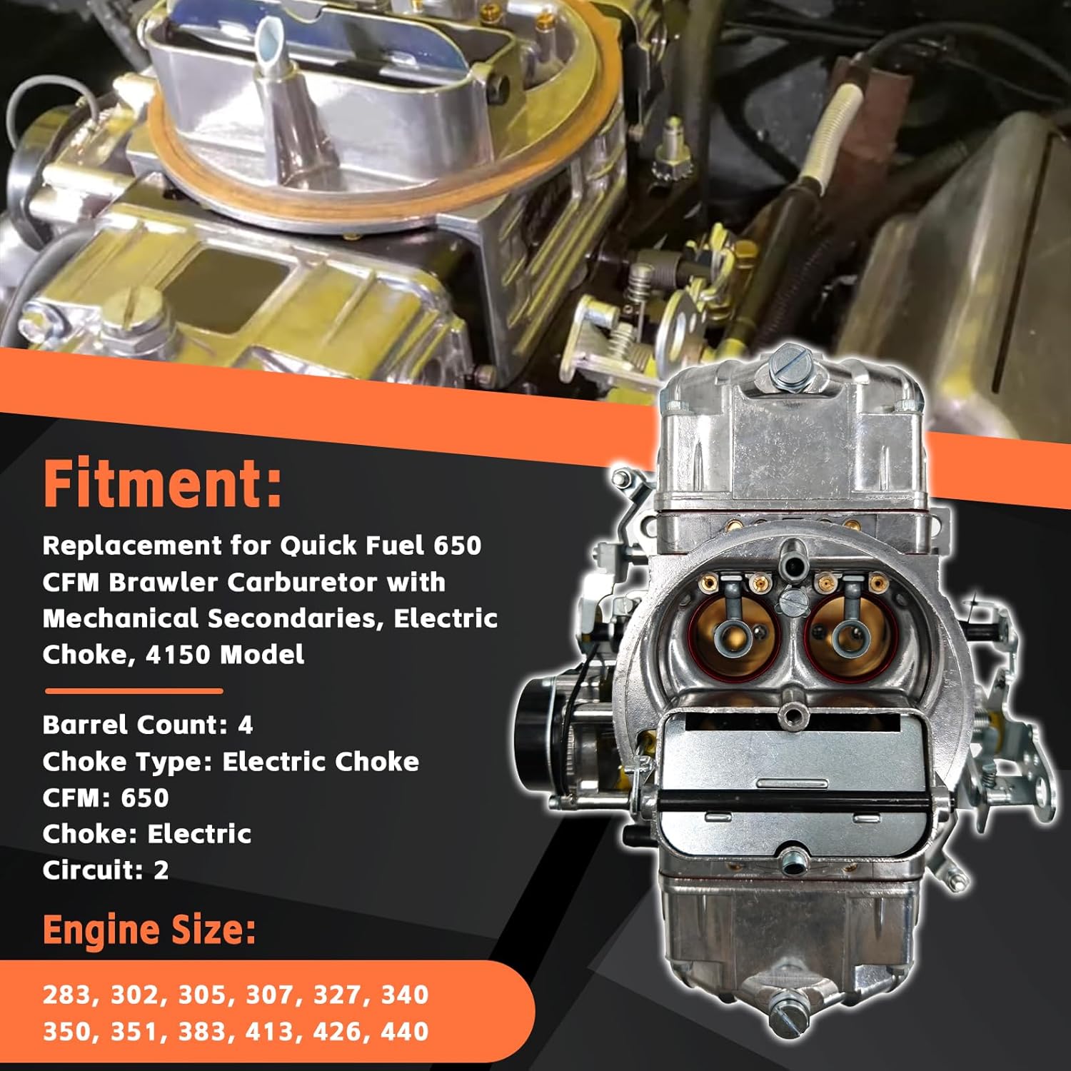 Carburetor 650 CFM 4150 Model 4 Barrel Double-Pumper Compatible with Holley Quick Fuel Brawler Diecast Carburetors with Mechanical Secondaries Electric Choke, Square Bore Flange Replace#BR-67255