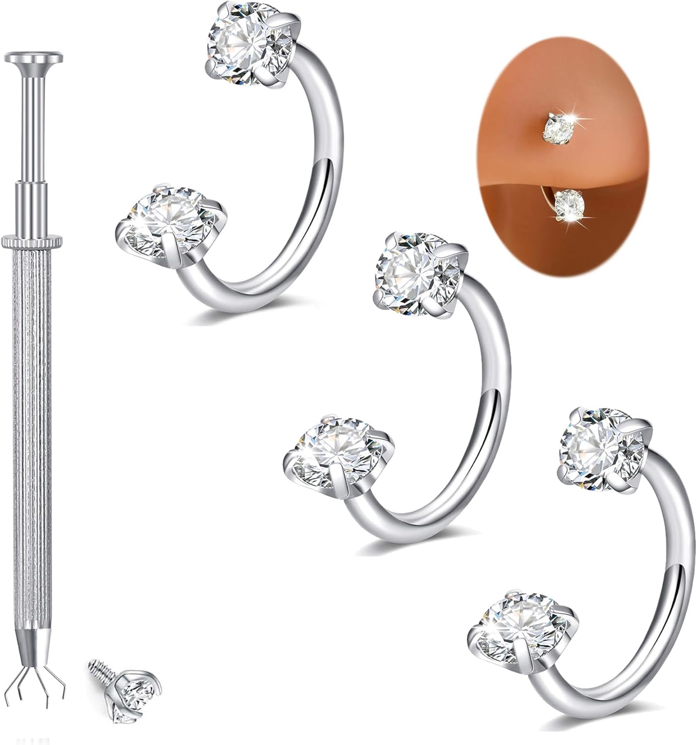 Longita 20g 18g Horseshoe Nose Ring for Women Double Gem Horse Shoe Nose Ring Hoop Surgical Steel Silver Gold Cartilage Helix Tragus Earring Hoops Labret Lip Piercing Jewelry Small Septum Rings 16g