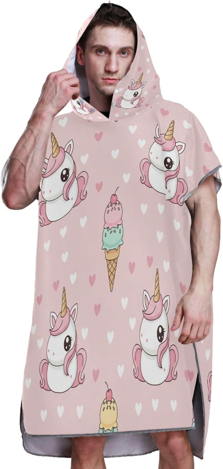 Surf Poncho Changing Robe for Adul Hooded Beach Towel Print Absorbent Men Women Poncho with Hood Cute Unicorn Ice Cream Pink