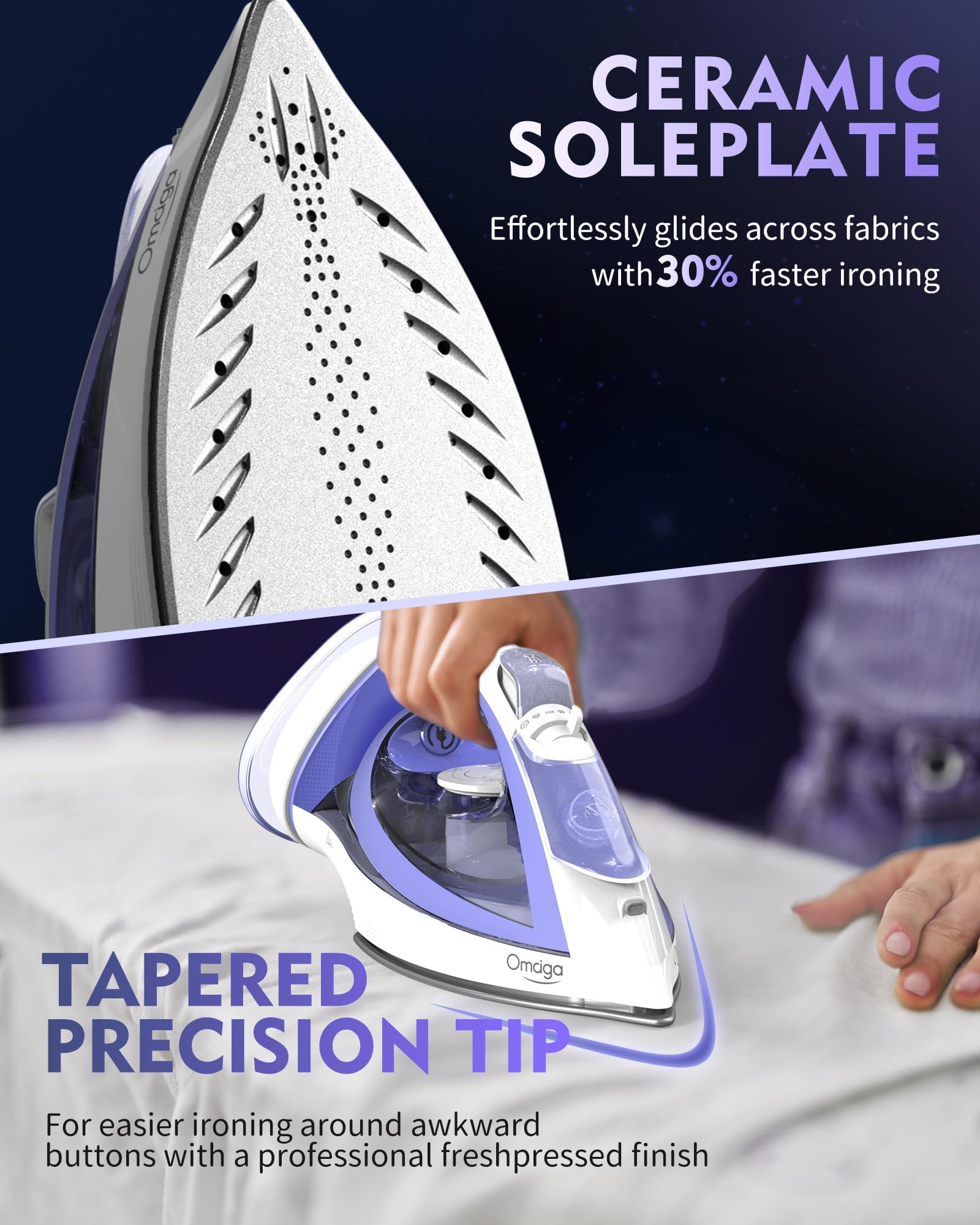 OMAIGA Plancha de vapor inalámbrica de 1550 W, plancha de vapor inalámbrica 2 en 1 para ropa con depósito de agua de 1550 W, plancha de vapor antigoteo con suela de cerámica, plancha