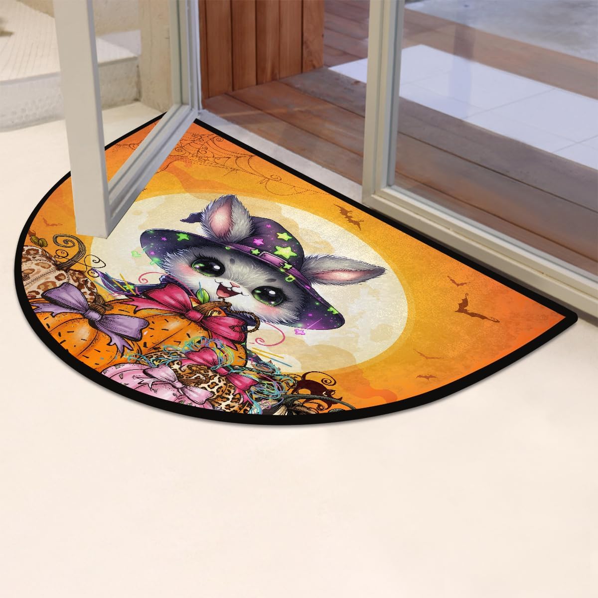 cat Pumpkin Spider Halloween Half Round Door Mat Non Slip Washable Semi Circle Area Rug Absorbent Soft Half Moon Rug Floor Mat for Indoor Outdoor Kitchen Bathroom Patio Front Door Mat Decor
