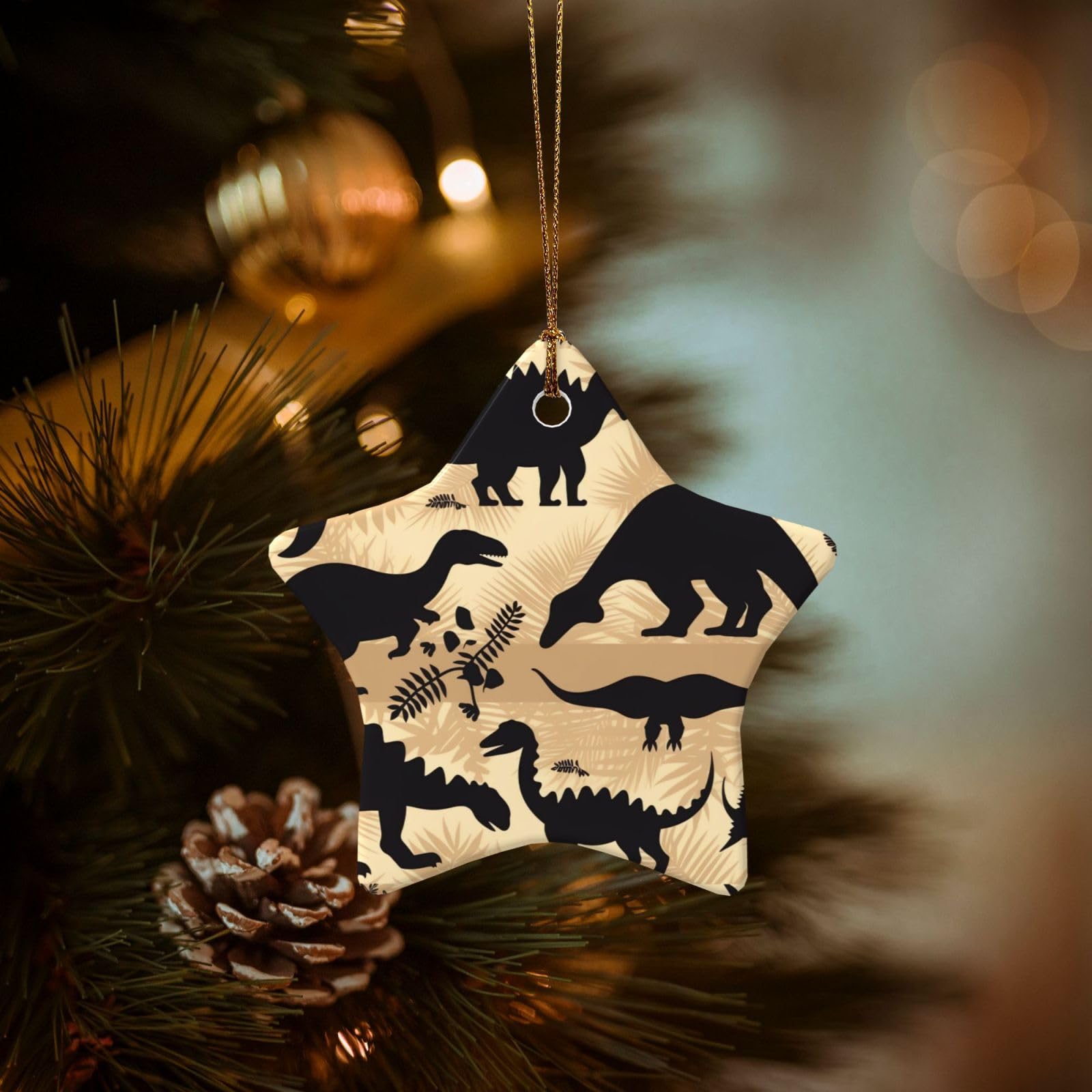 Christmas Tree Ornaments Ceramics Christmas Decorations Dinosaur Silhouette Ornaments with Gold Ribbon Porcelain Xmas Tree Crafts Star Shape Hanging Pendant for Christmas Tree Party Decor