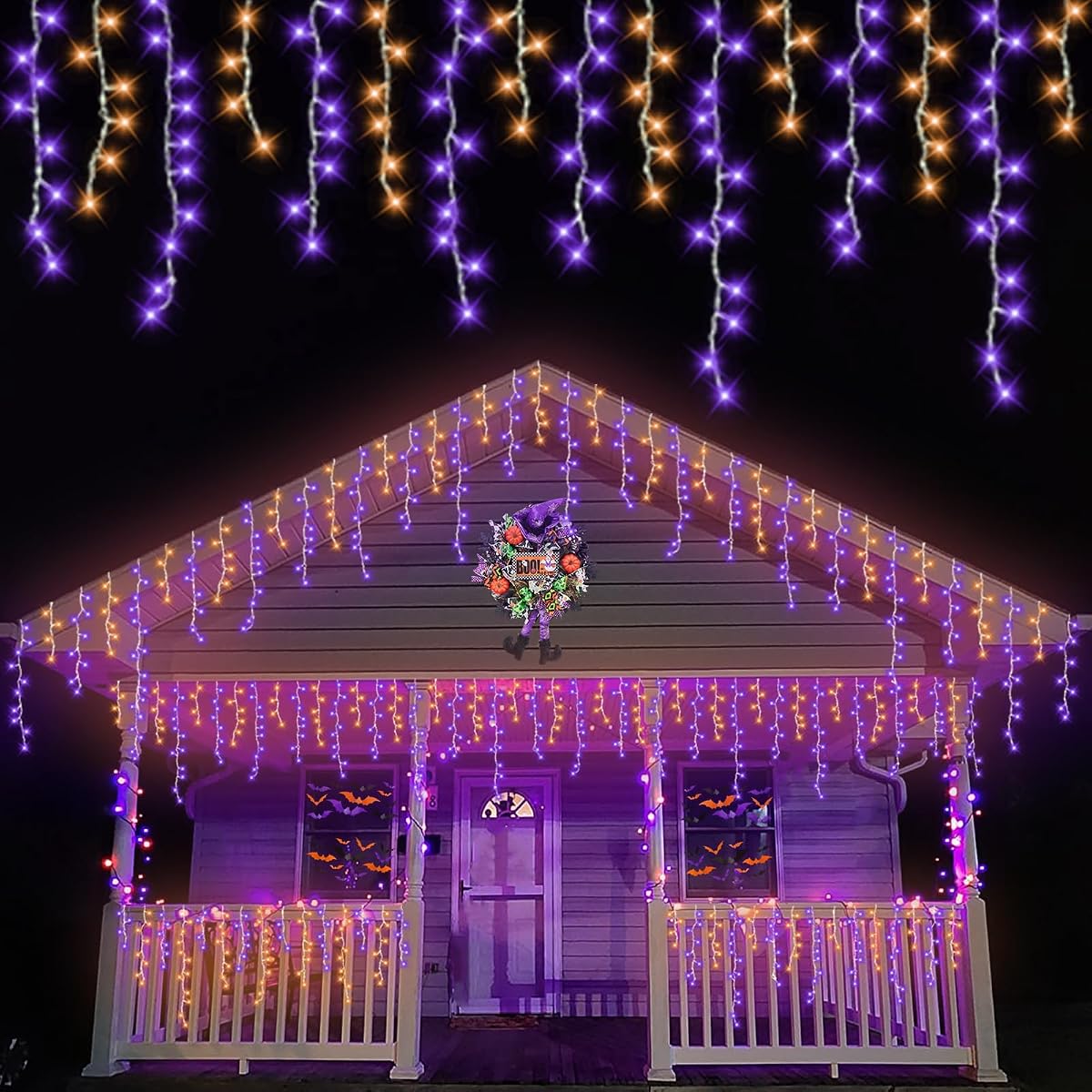 YEGUO 66ft Icicle Halloween Lights, 800 LED, Orange and Purple, 8 Modes,