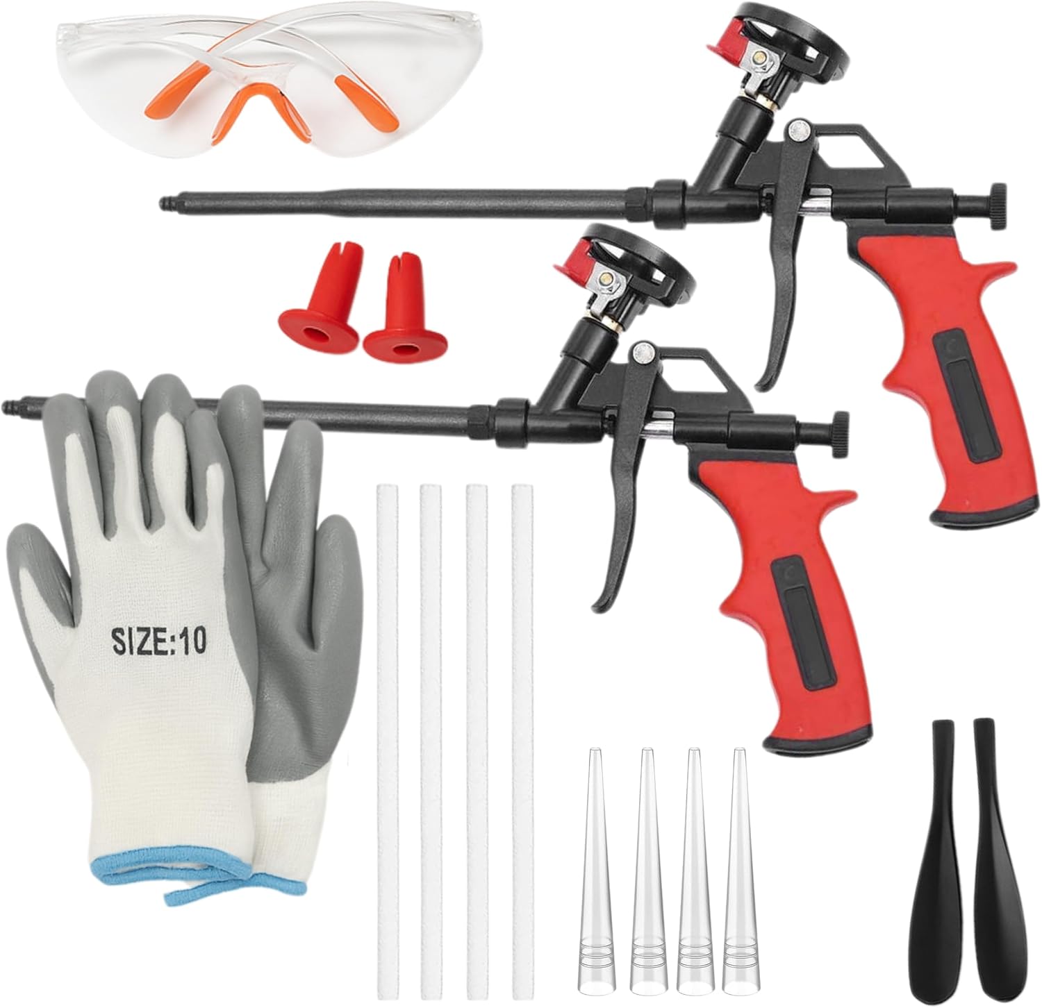 Heavy Duty Spray Foam Gun Kit – Red Insulation Foam Set with 2 Dispensing Guns 10 Nozzles Safety Glasses Removal Tools and Gloves Complete Expanding Dispensing Tool for Professional Use