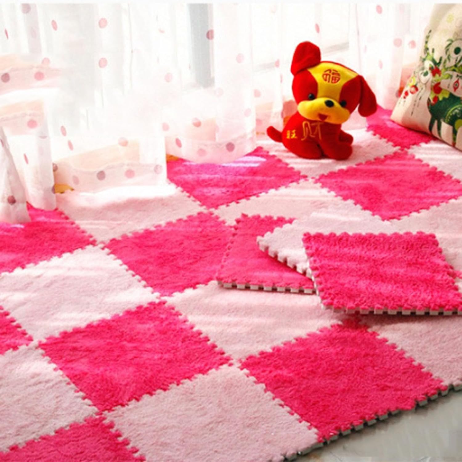 Plush Interlocking Carpet Tiles Interlocking Carpet, Washable Non-Slip Foam Puzzle Floor Mat, Cuttable, Plush Crawling Mat(Pink+Rose Red,24pcs)
