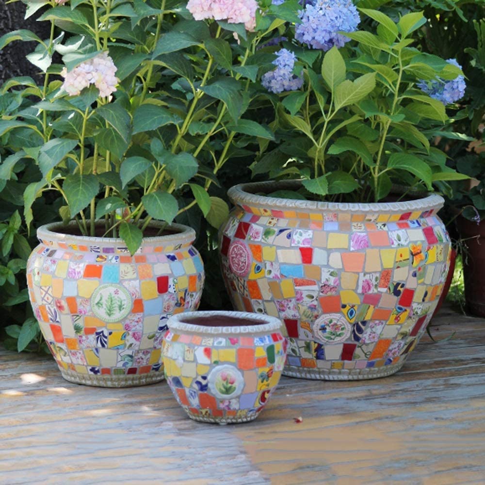 Outdoor Large Flower Pot Villa Garden Ceramic Mosaic Decoration Plant Pot Creative Landscape Potted Vase Plant Container Classical Pots Bonsai Planter Colorful (Yellow Tones Mexico L) : Everything Else