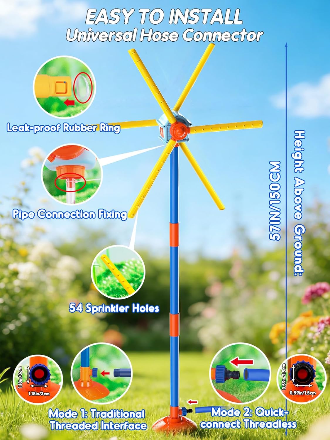 VATOS 59" Windmill Water Sprinkler Outdoor Yard Toy for Kids, New Upgrades Double-Sided with 6 Blades, 54 Spray Nozzles, 360° Spining Splash Summer Fun Play for Boys, Girls, Pets and Lawn Watering