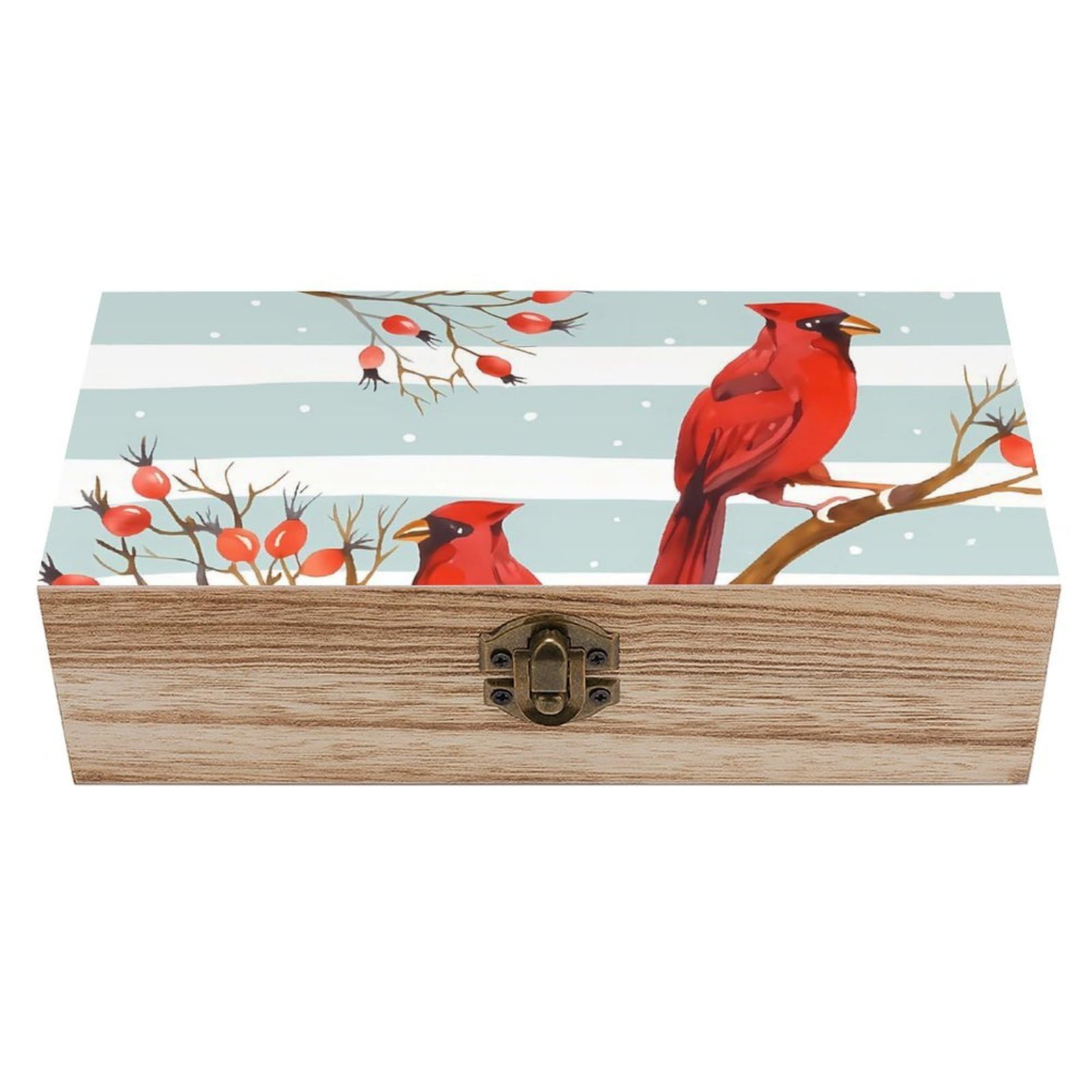 HLBSDM Winter Cardinal Birds & Red Berry Retro Wooden Storage Box Jewelry Art Gift Boxs Decorative Keepsake Boxes