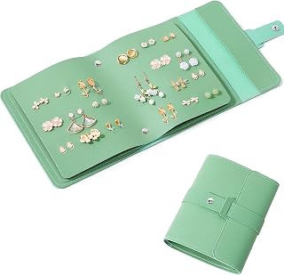 QBestry Earring Organizer Book for Travel, 42 Pairs Stud Earrings Storage Organizer Case with Staggered Holes & Snap, Waterproof PU Leather Portable Travel Earring Case for Women Girls (Green)