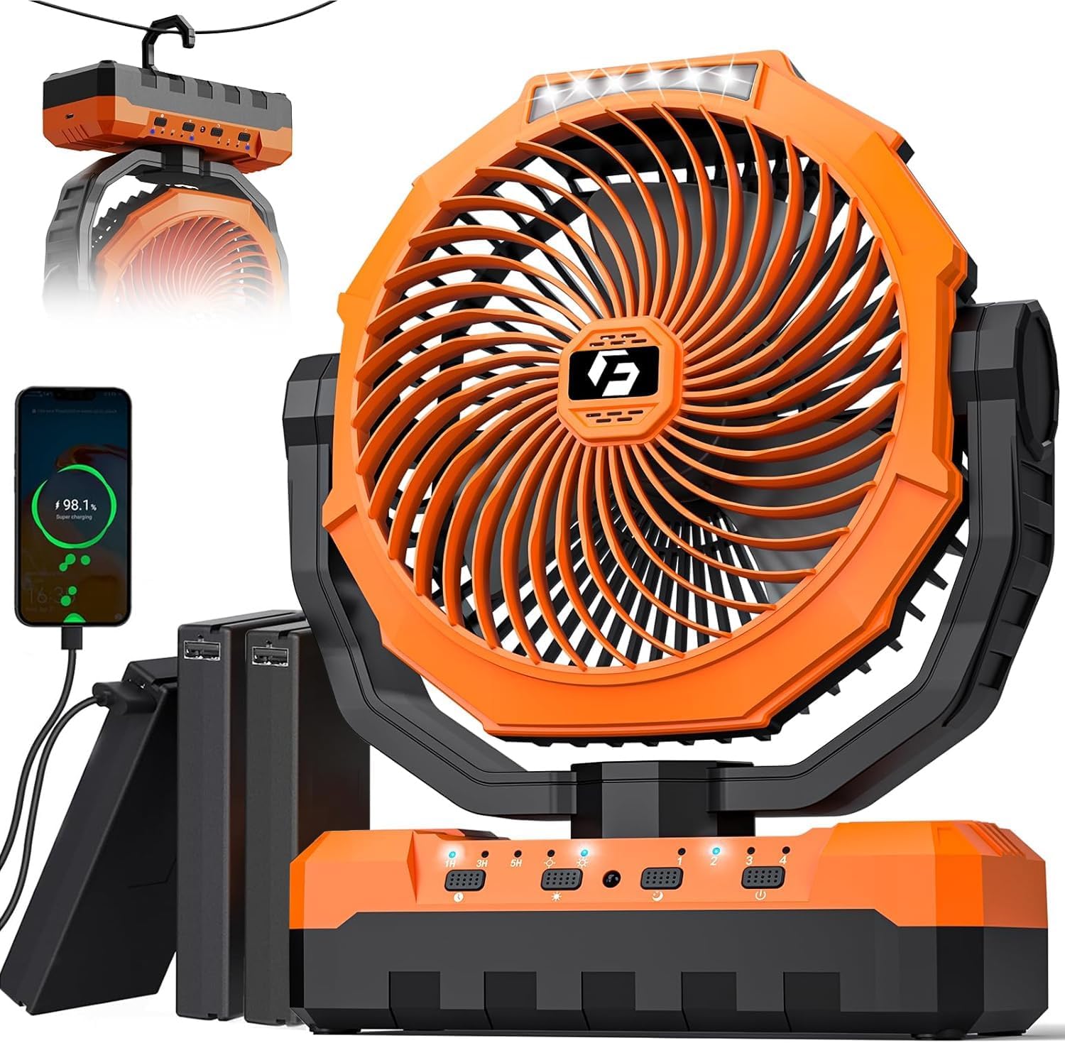 36000mAh Detachable Rechargeable Portable Camping Fan, Cordless Battery Powered Fan with LED & Hook, USB C Battery Fan for Travel, Fishing, Beach, Desk & Hurricane Emergency
