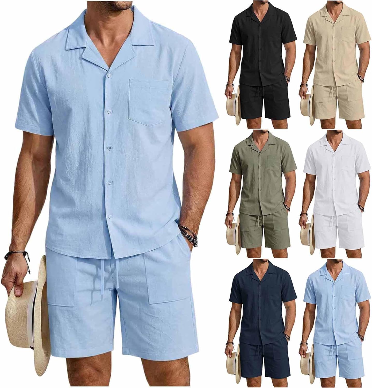 Cambkatl 2 Piece Linen Sets for Men Summer Button Down Lapel Shirt with Shorts Beach Casual Matching Outfits with Pockets