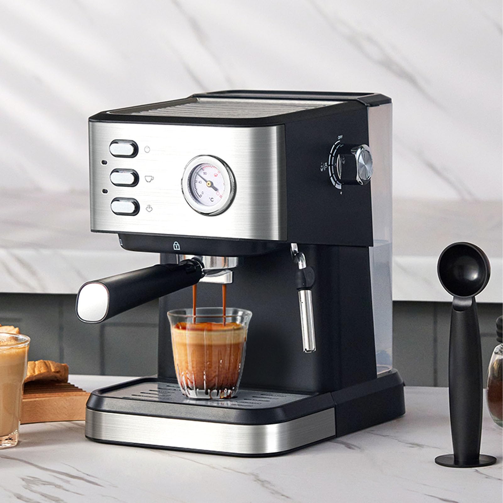 Semiautomática con 20 Bar de Presión y Control PID (Enchufe europeo) | Portafiltro de 51 mm para una rica crema, tanque extraíble de 1,5 L, calefacción de 1050 W, interruptor de preparación fría