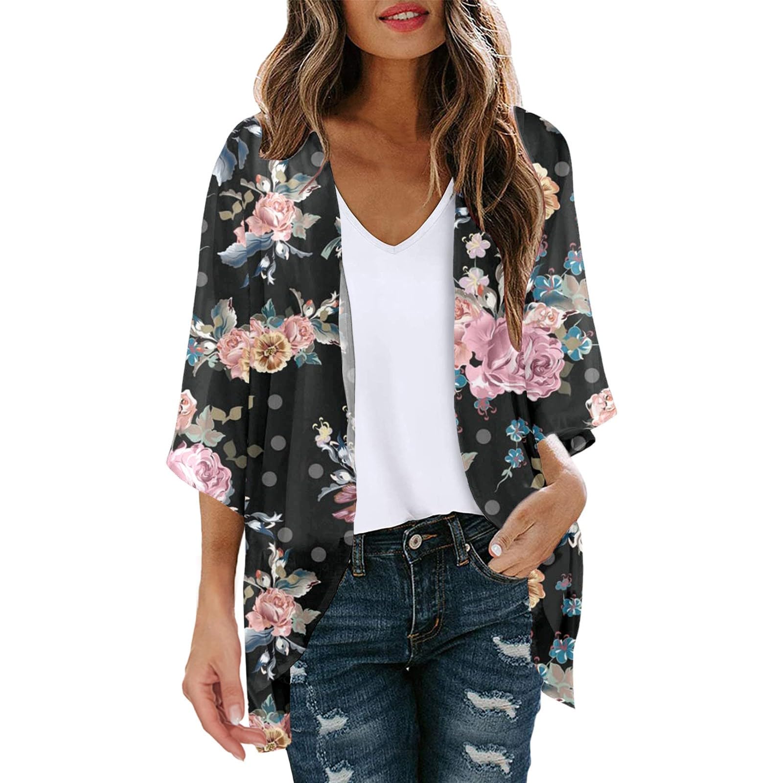 Huesdet Cardigan de Gasa para Mujer Kimono de Playa Boho Cover Ups Suelto de Verano Tops con Estampado Floral Casuales Cardigan Ligero de Manga 3/4 EE23