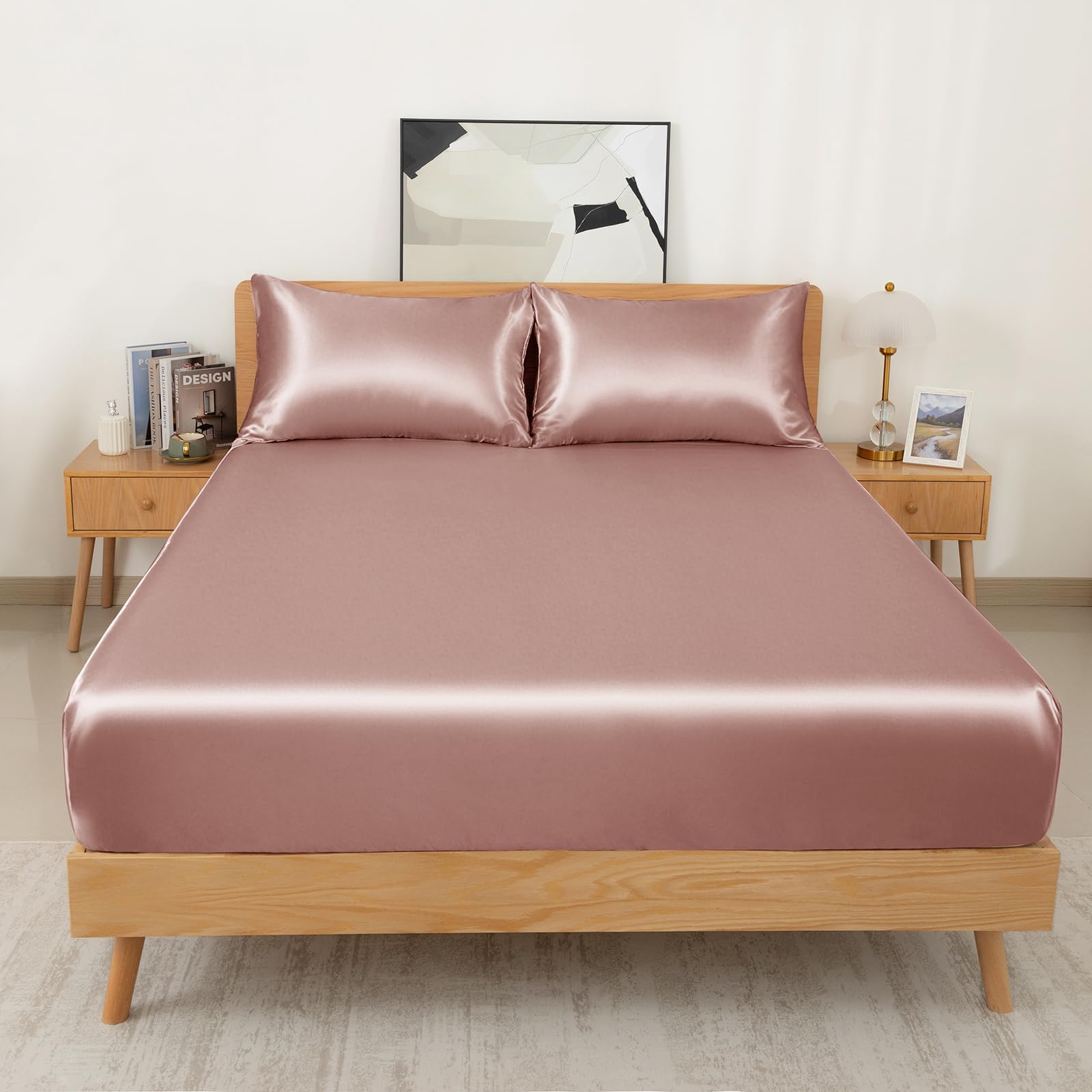 NSGZ Set di 3 lenzuola in raso con angoli e federe, per letto king size, con angoli profondi fino a 38 cm, color champagne, include 1 lenzuolo con angoli e 2 federe