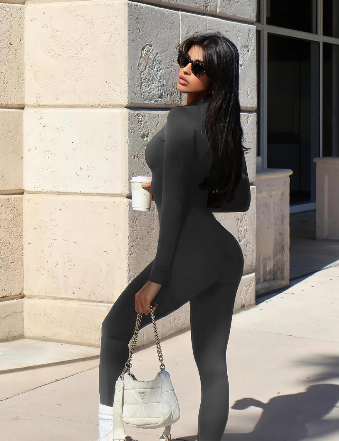 YEOREO Women Long Sleeve Workout Jumpsuit Zip Up Romper Bottom Pants Bodysuit Bodycon Sexy One Piece - Image 4