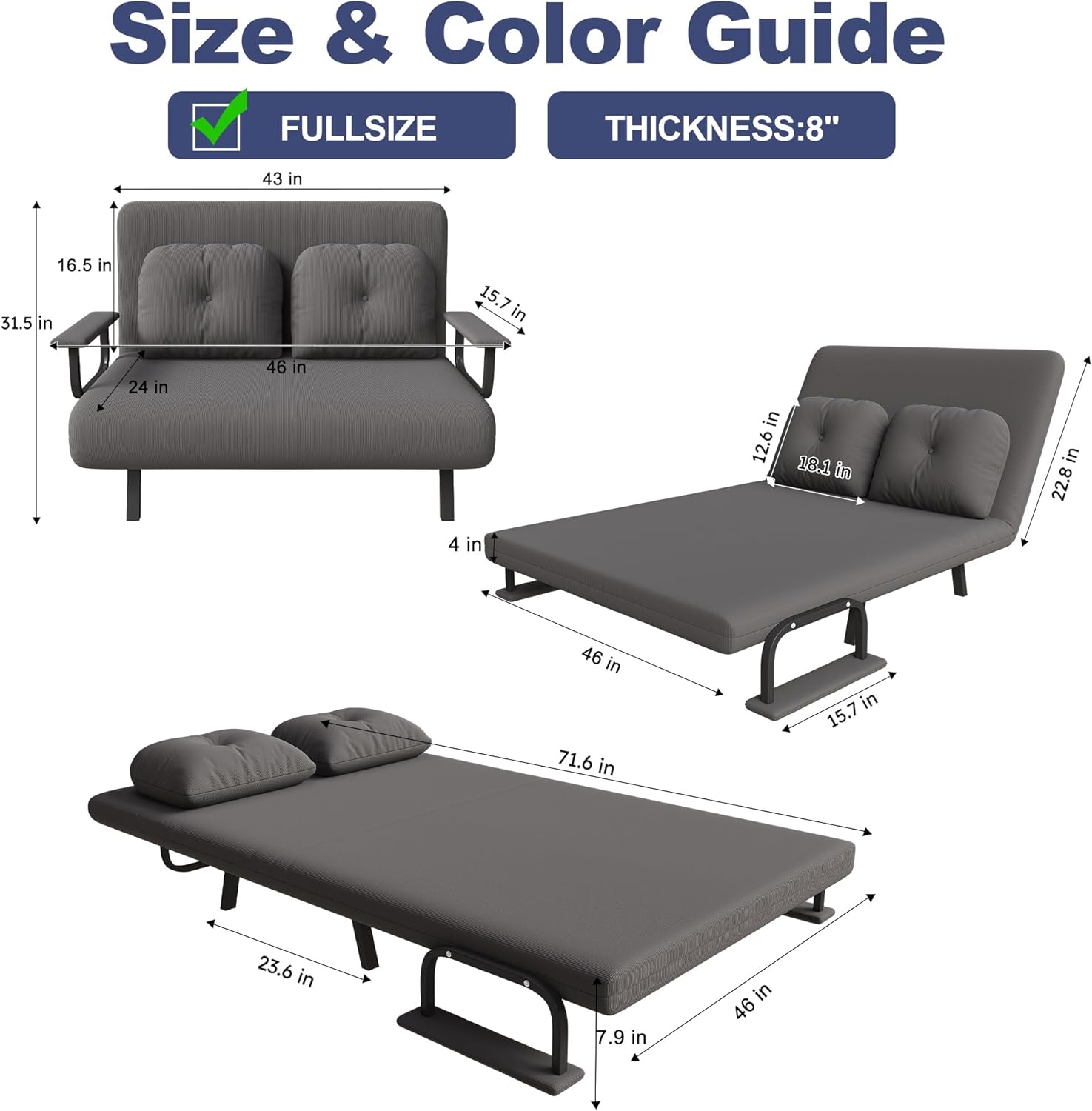 46" Wide Folding Sofa Bed 5-in-1 Convertible Chair for Two – Extra-Wide Space-Saving Sleeper with 5-Position Adjustable Backrest, Pillow & Corduroy Fabric (71.6" W x 46" D)(Gray)