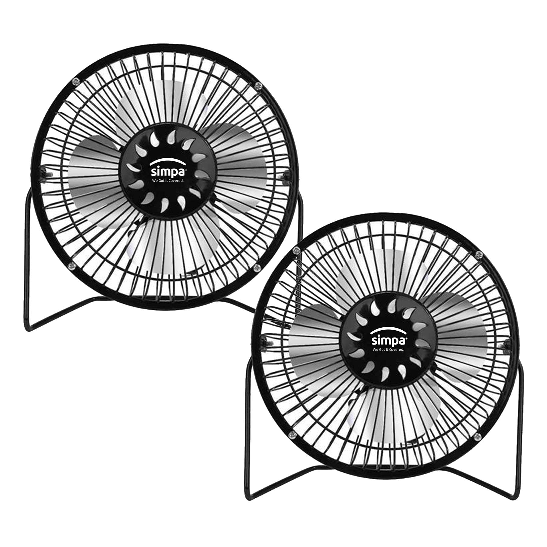 6" Single Speed Black Portable USB Desk Fans - Set of 2 - Tilt Adjustable Head, Quiet 2.5W Operation with 1.2m Cord Length - Suitable for Home or Office Use.