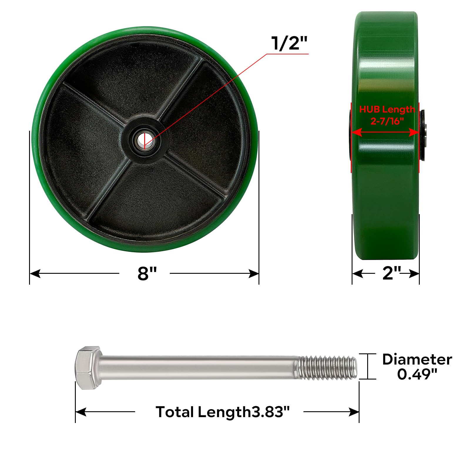 LONGRUNFORU 8 Inch Polyurethane on cast Iron Wheel, Roller Bearing-1/2