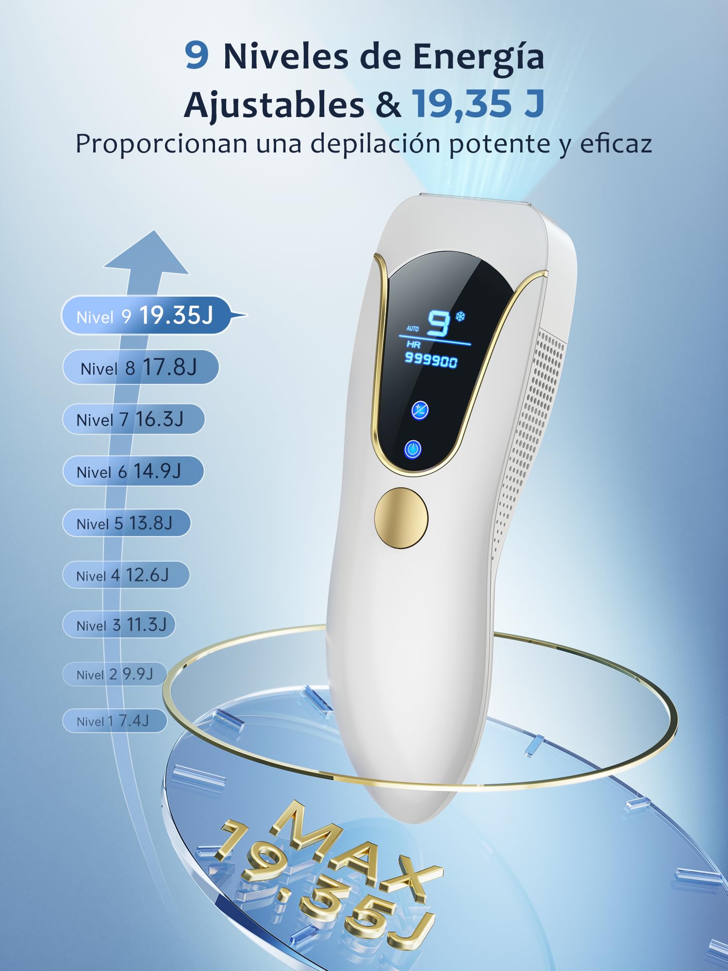 Depiladora Laser IPL con Función de Refrigeración, 19.35 J Depiladora Luz Pulsada con 9 Nivel de Energía, 2 Modos, 999.900 Luz Pulsada para Mujer y Hombre, Piernas, Bikini, Axilas, Cara, Cuerpo