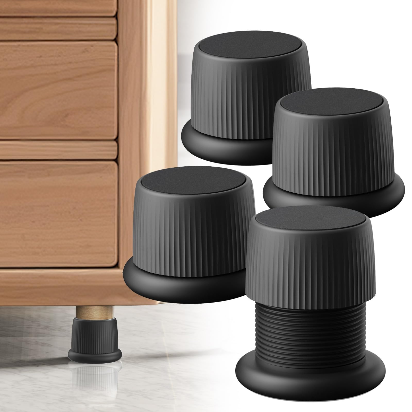 WISFISSH 1.6-2.6 Inch Adjustable Bed Risers, Durable ABS & Anti Slip Bed Stoppers for Headboard, Suitable for Small Furniture Risers, Such As Table Risers, Chair Risers, Desk Leg Riser, Black 4 Pack